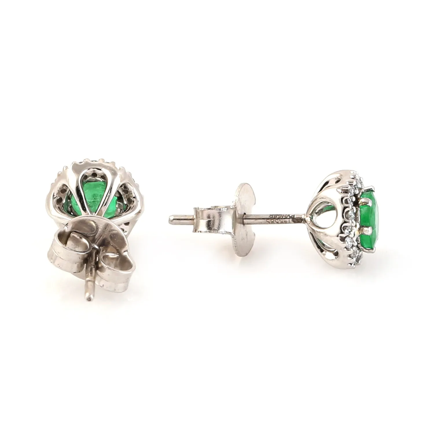 Round Cut Emerald Pave Diamond Stud Earrings In 14K White Gold