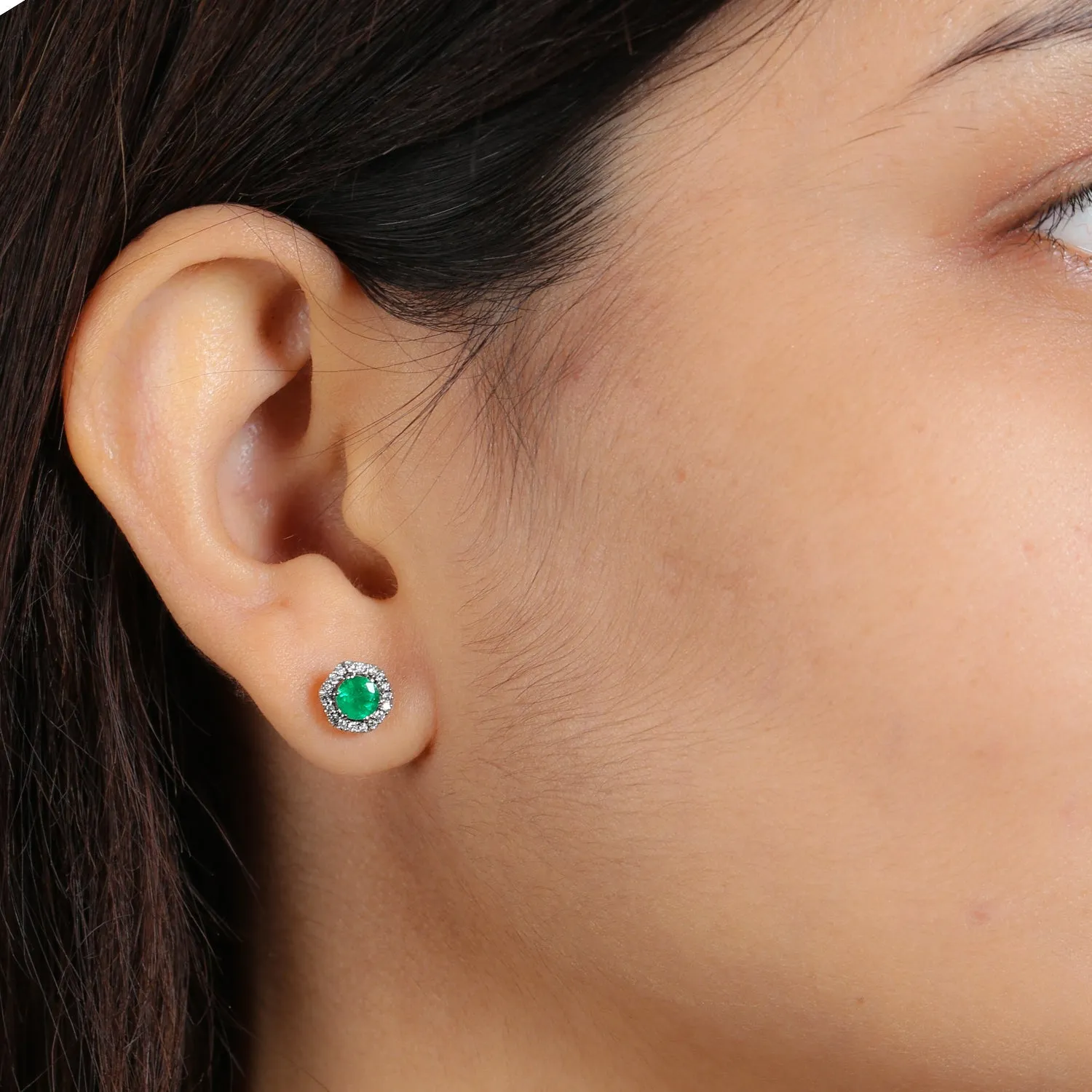 Round Cut Emerald Pave Diamond Stud Earrings In 14K White Gold