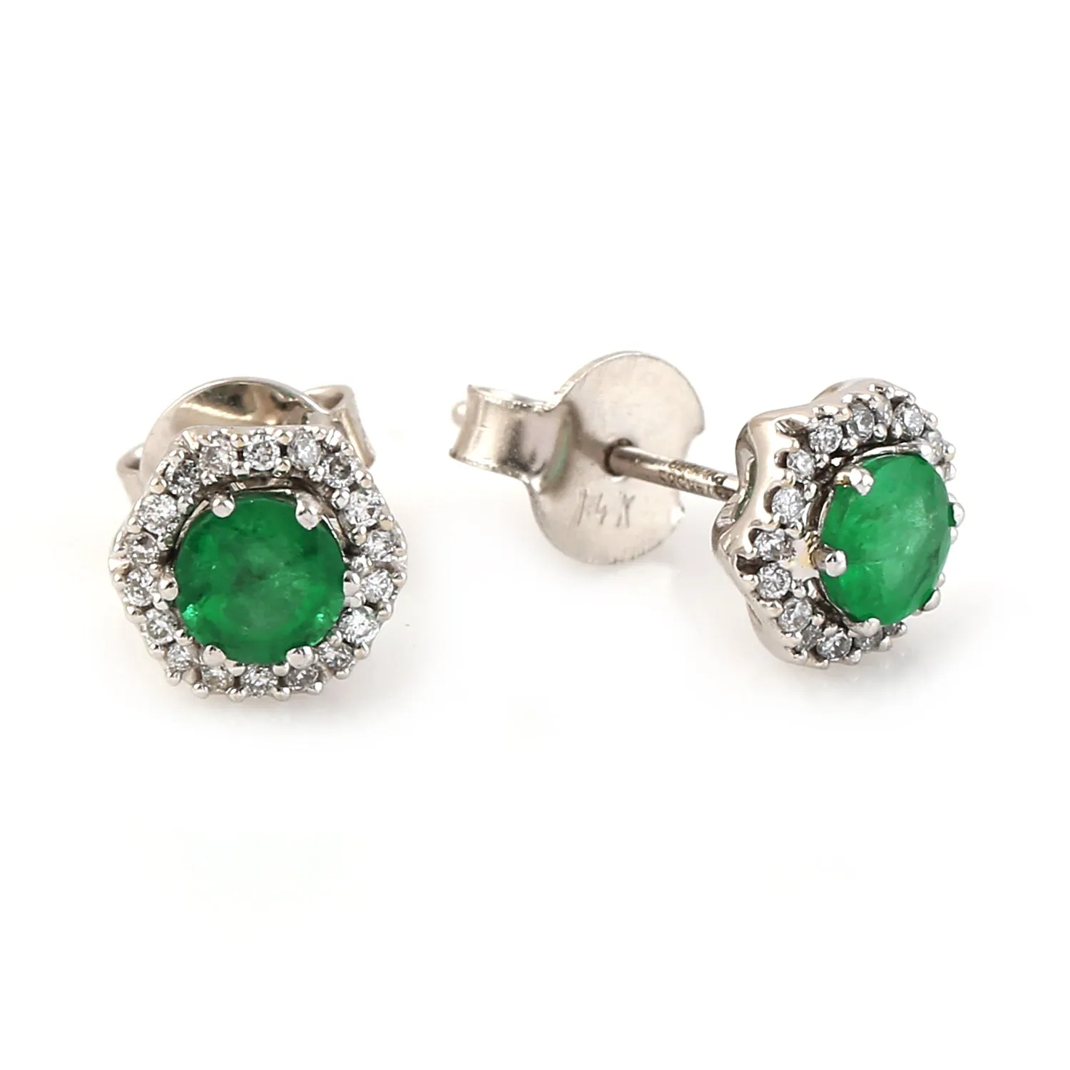 Round Cut Emerald Pave Diamond Stud Earrings In 14K White Gold