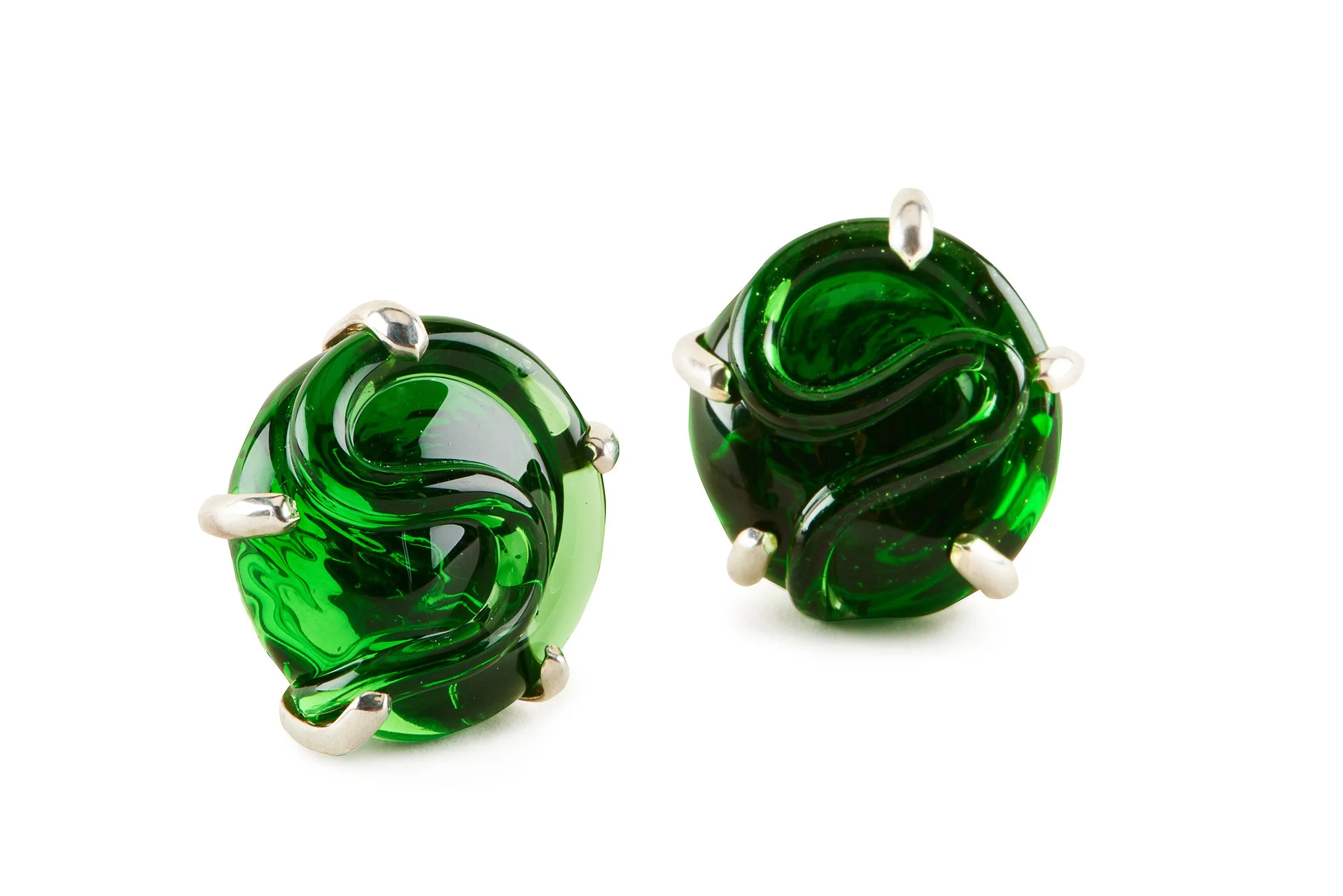 Round Glass Earrings, Set in Silver or Vermeil