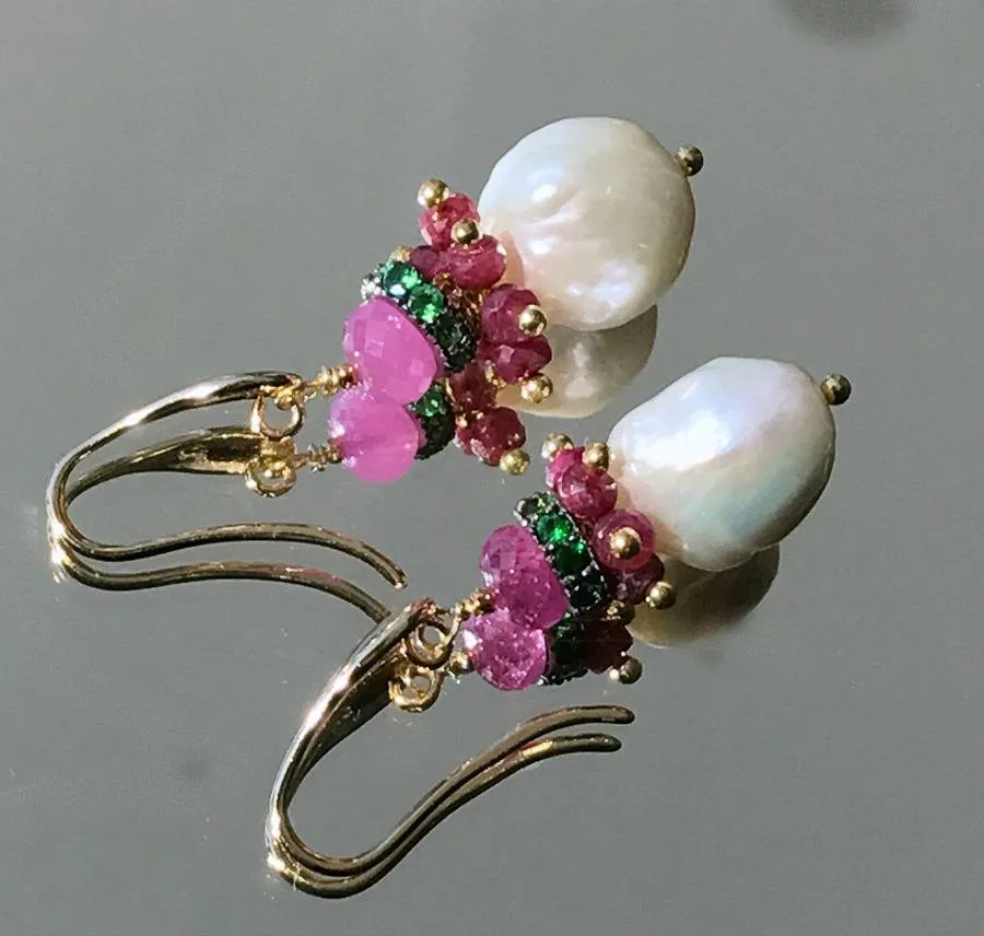 Ruby Cluster and Tsavorite Garnet Earrings