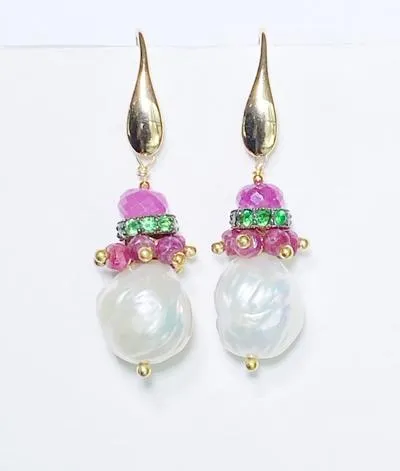 Ruby Cluster and Tsavorite Garnet Earrings