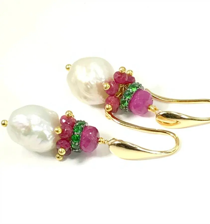 Ruby Cluster and Tsavorite Garnet Earrings