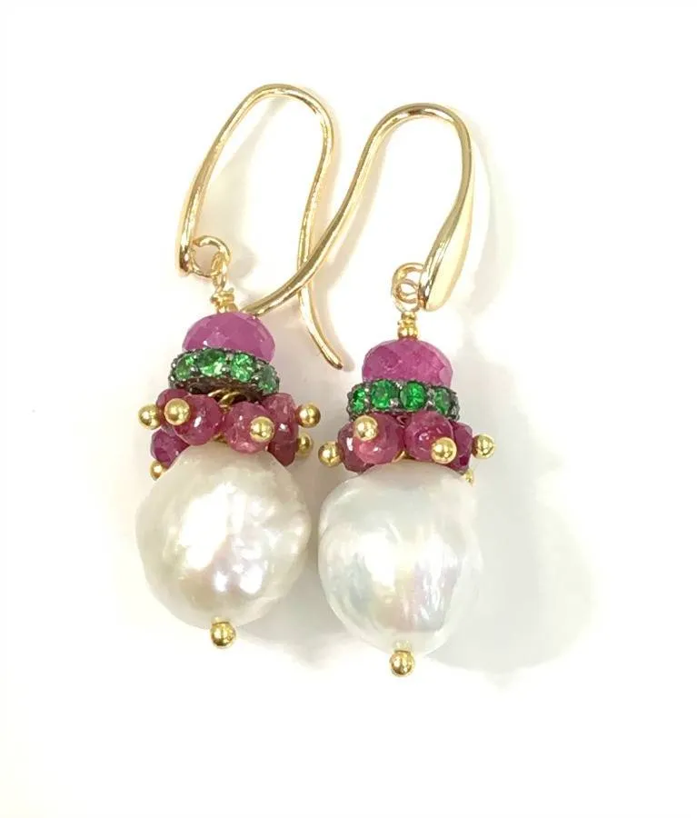 Ruby Cluster and Tsavorite Garnet Earrings