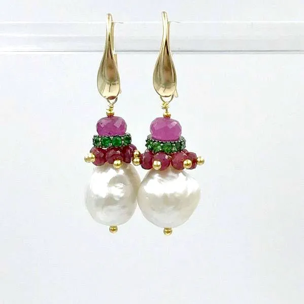 Ruby Cluster and Tsavorite Garnet Earrings