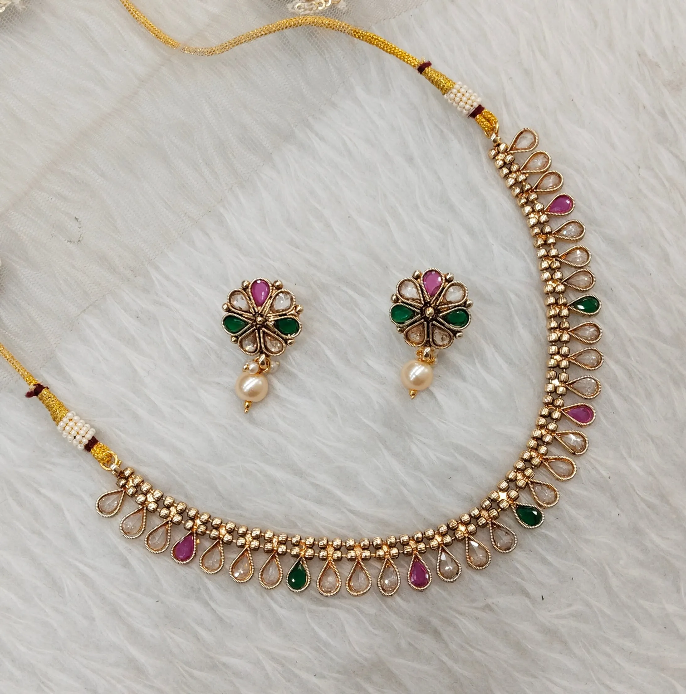 Ruby Green  Gold Polki Necklace Indian Jewellery Set