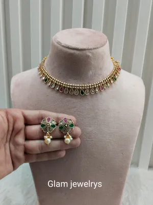 Ruby Green  Gold Polki Necklace Indian Jewellery Set