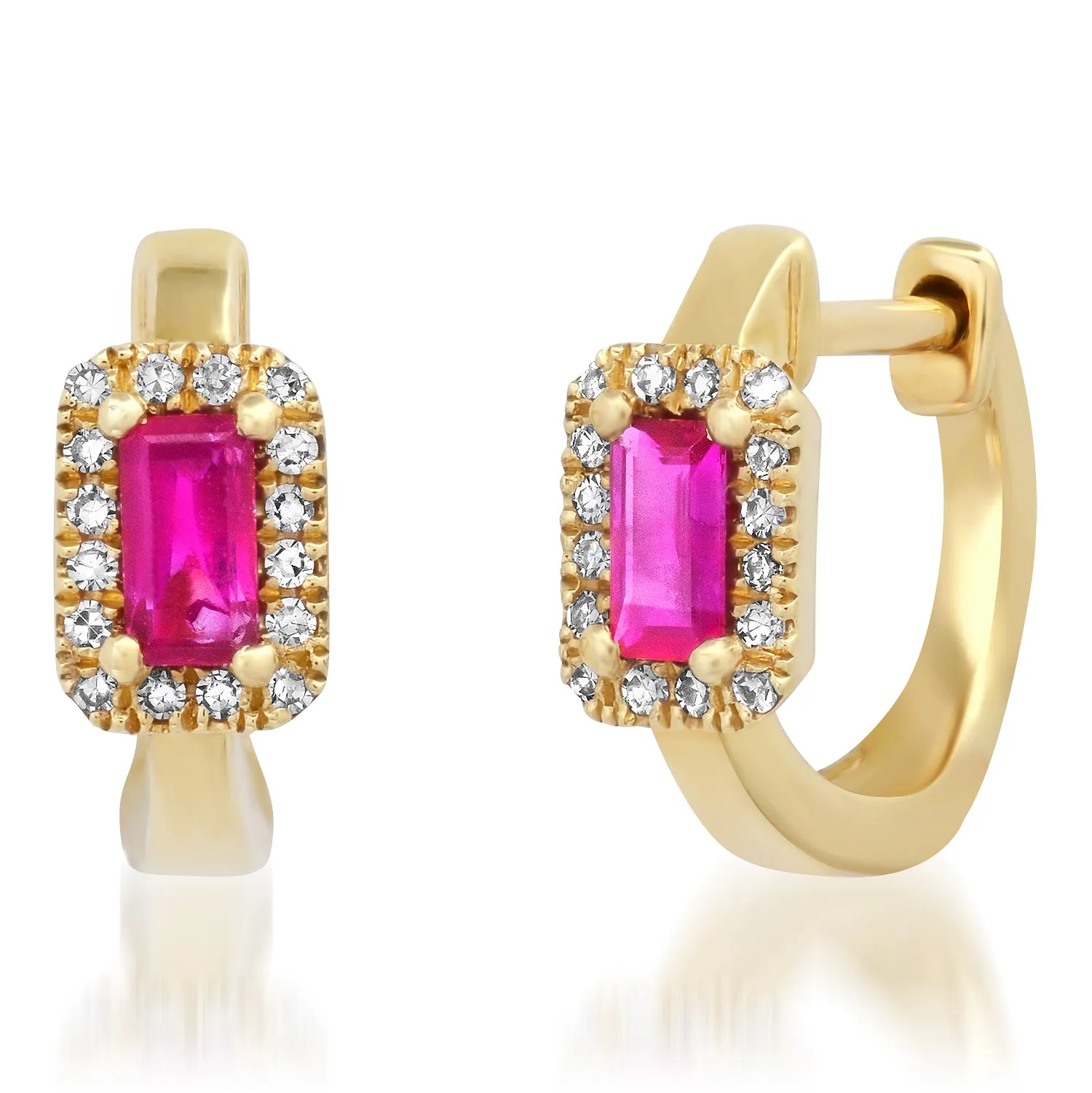 Semiprecious Baguette with Diamond Halo Huggie Earrings