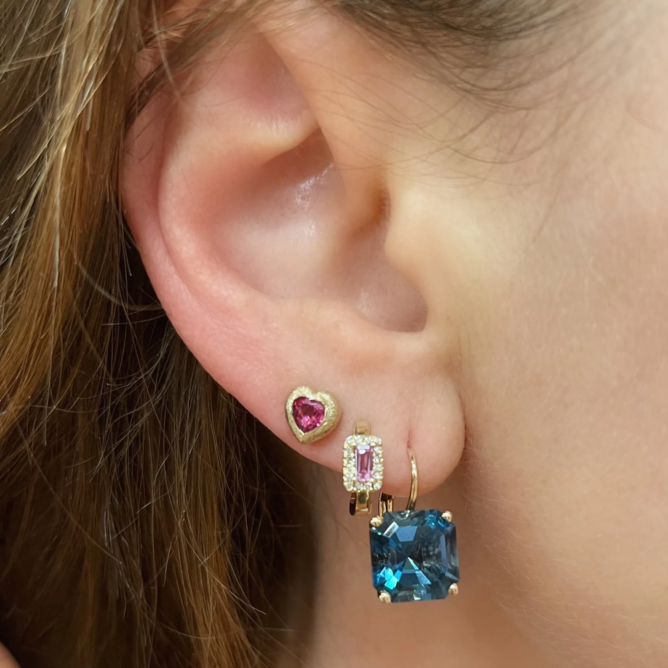 Semiprecious Baguette with Diamond Halo Huggie Earrings