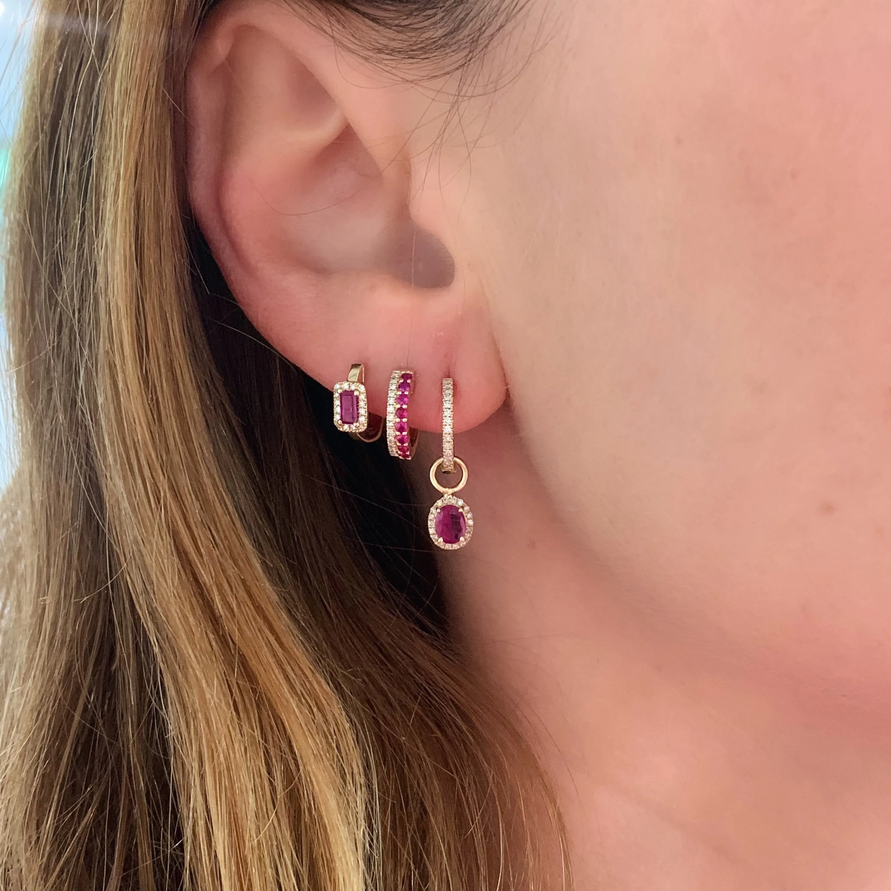 Semiprecious Baguette with Diamond Halo Huggie Earrings