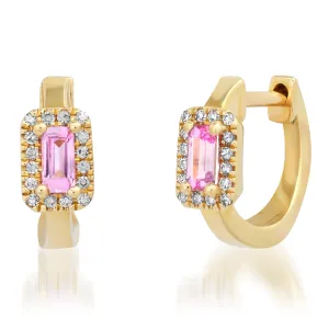 Semiprecious Baguette with Diamond Halo Huggie Earrings
