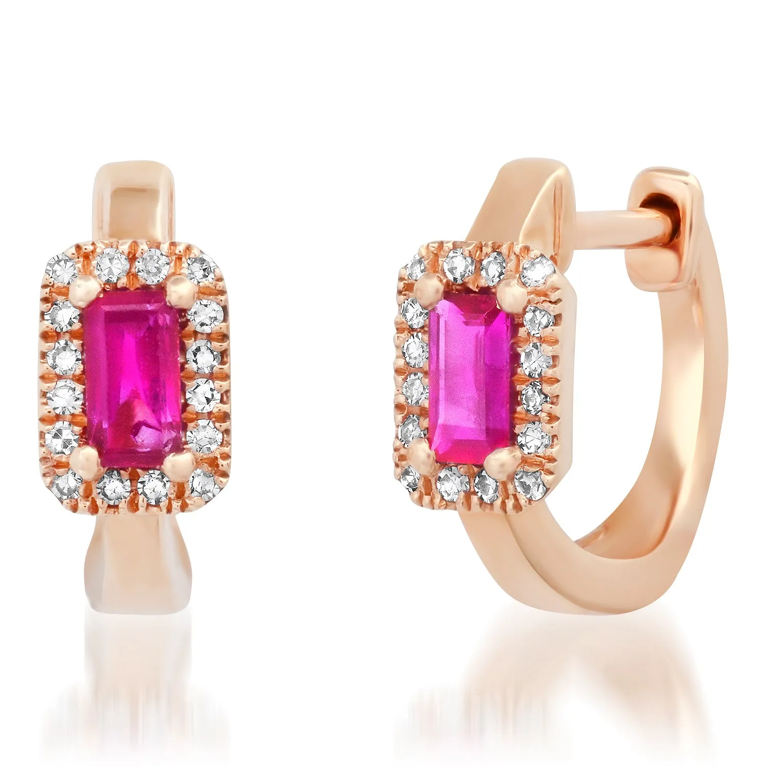 Semiprecious Baguette with Diamond Halo Huggie Earrings