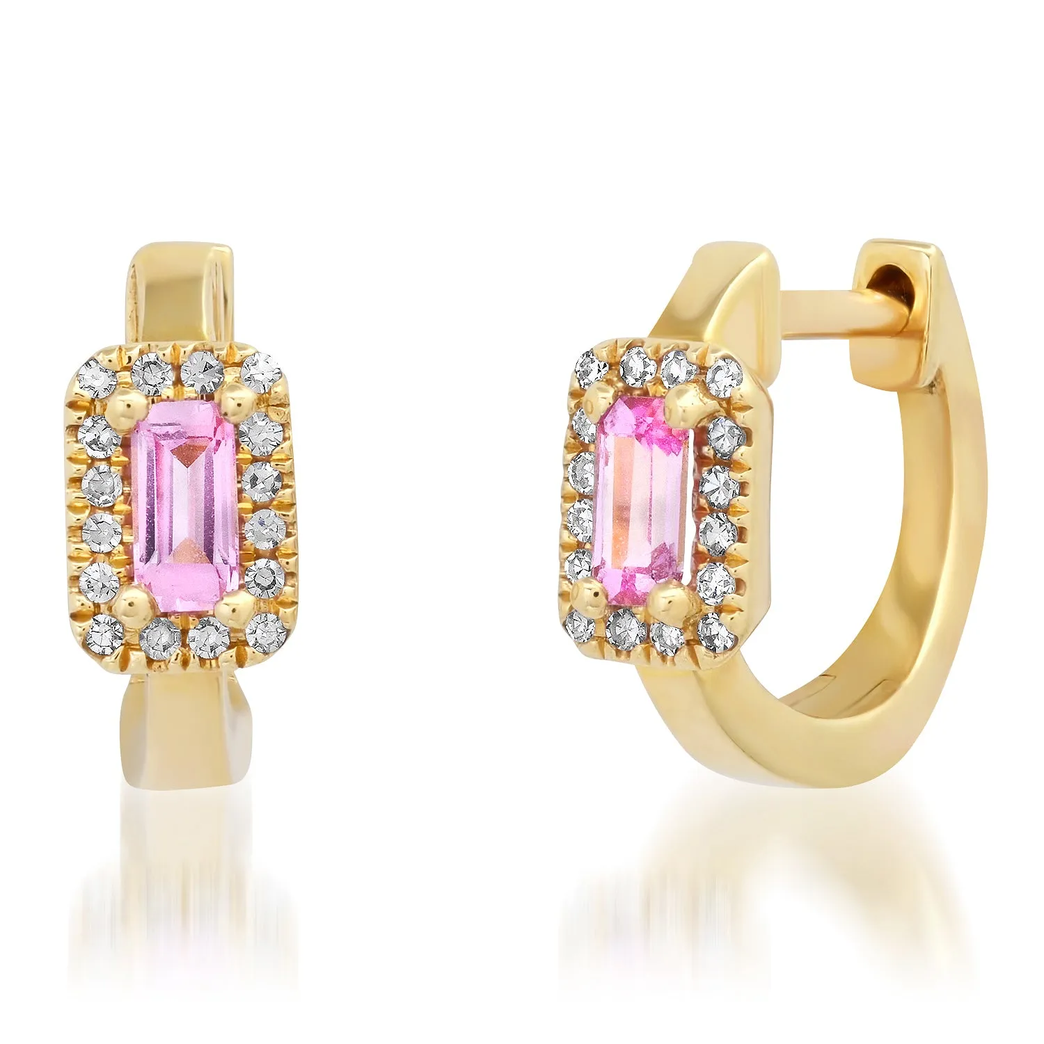 Semiprecious Baguette with Diamond Halo Huggie Earrings
