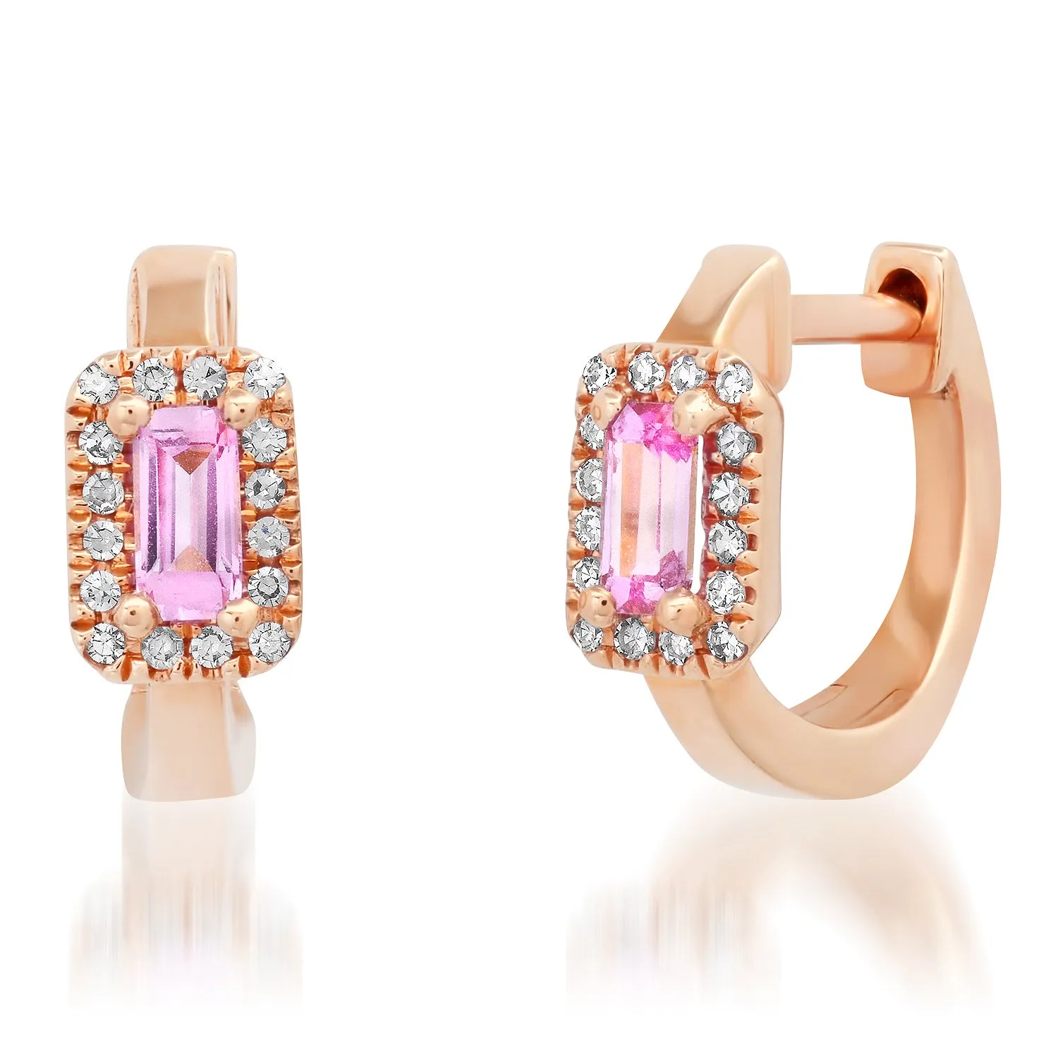 Semiprecious Baguette with Diamond Halo Huggie Earrings