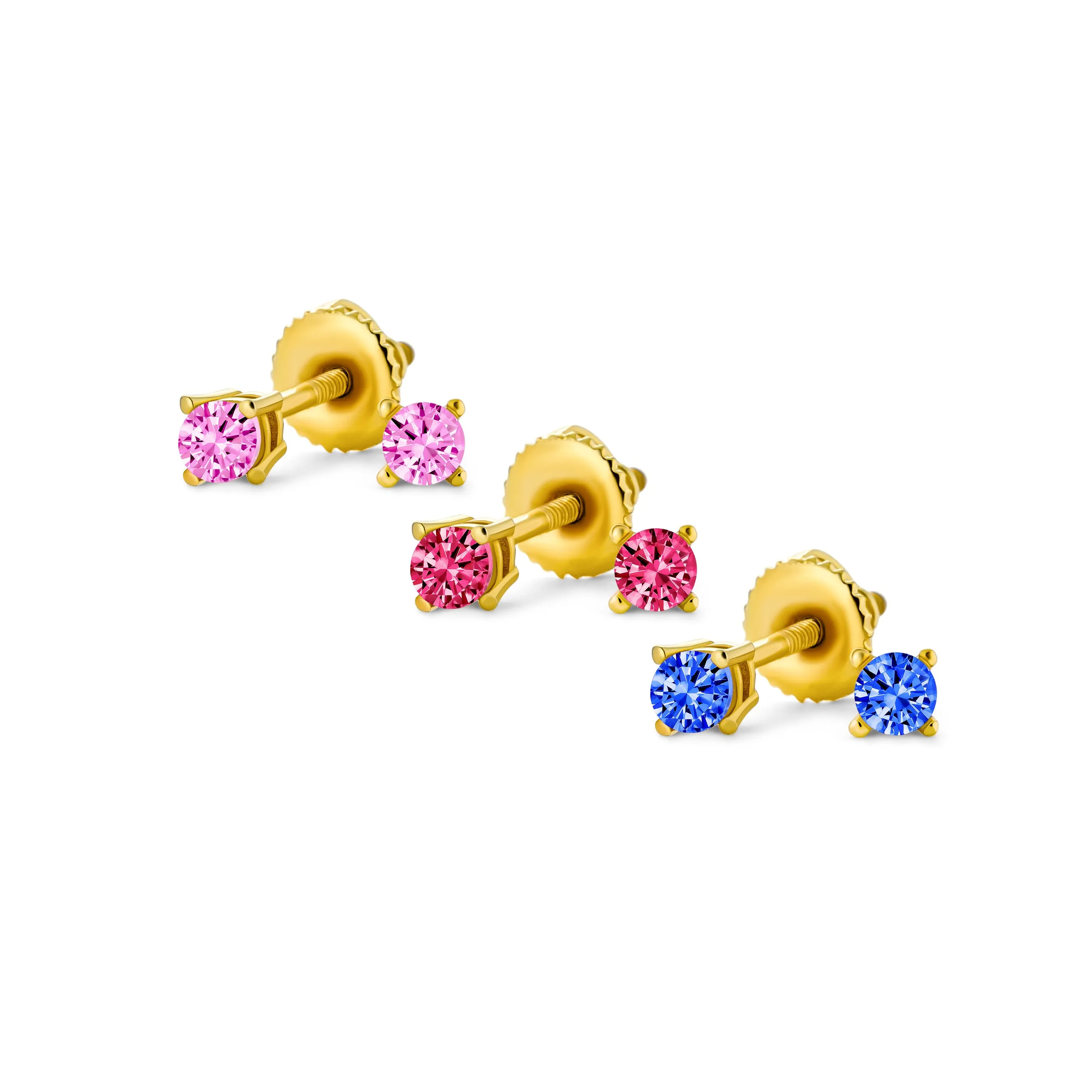 Set of 3 Tiny MultiColor CZ Stud Earrings Gold Plated Sterling Silver Screw Back