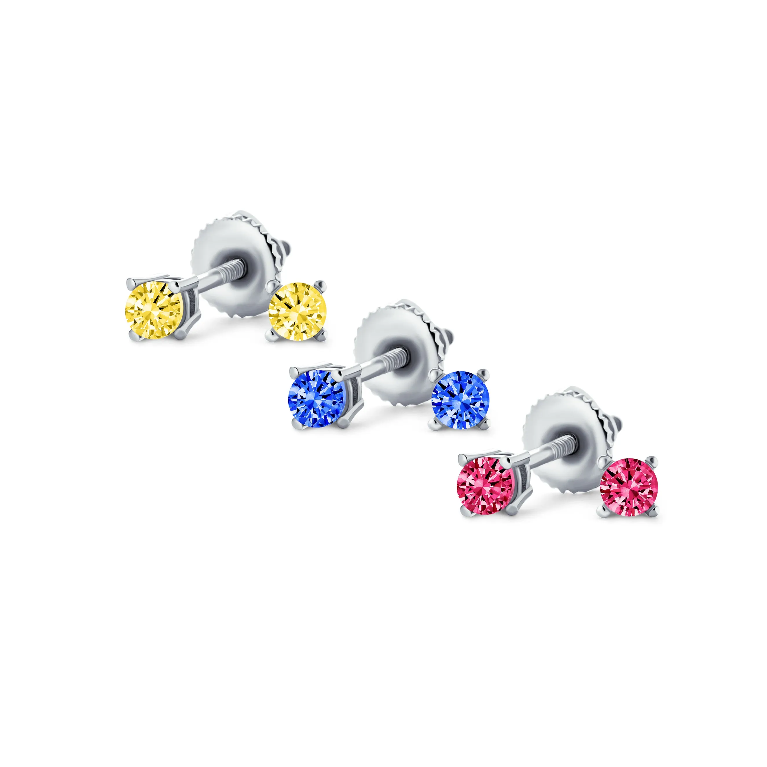 Set of 3 Tiny MultiColor CZ Stud Earrings Gold Plated Sterling Silver Screw Back