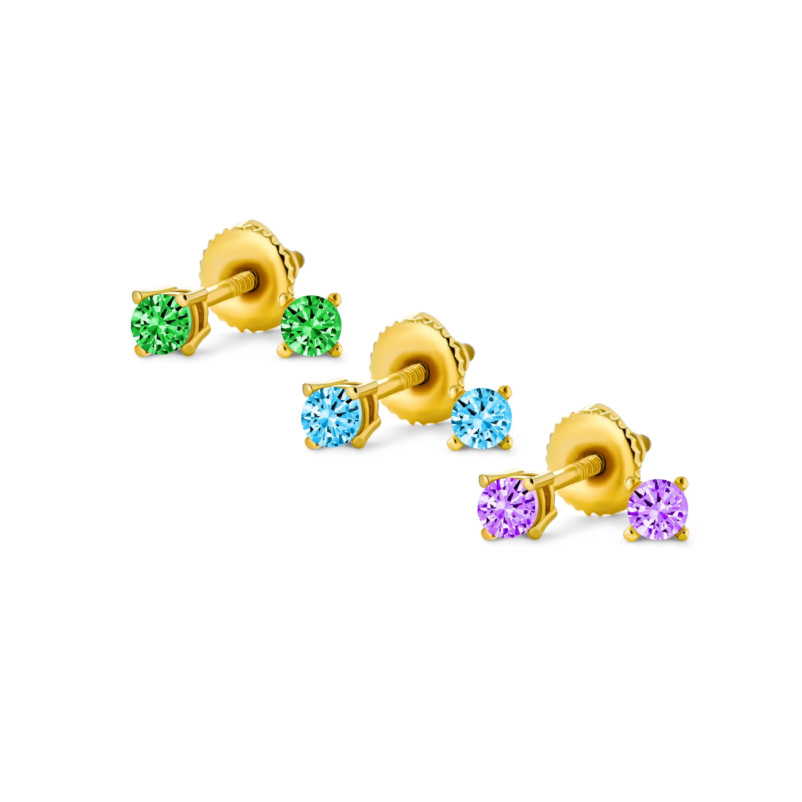 Set of 3 Tiny MultiColor CZ Stud Earrings Gold Plated Sterling Silver Screw Back