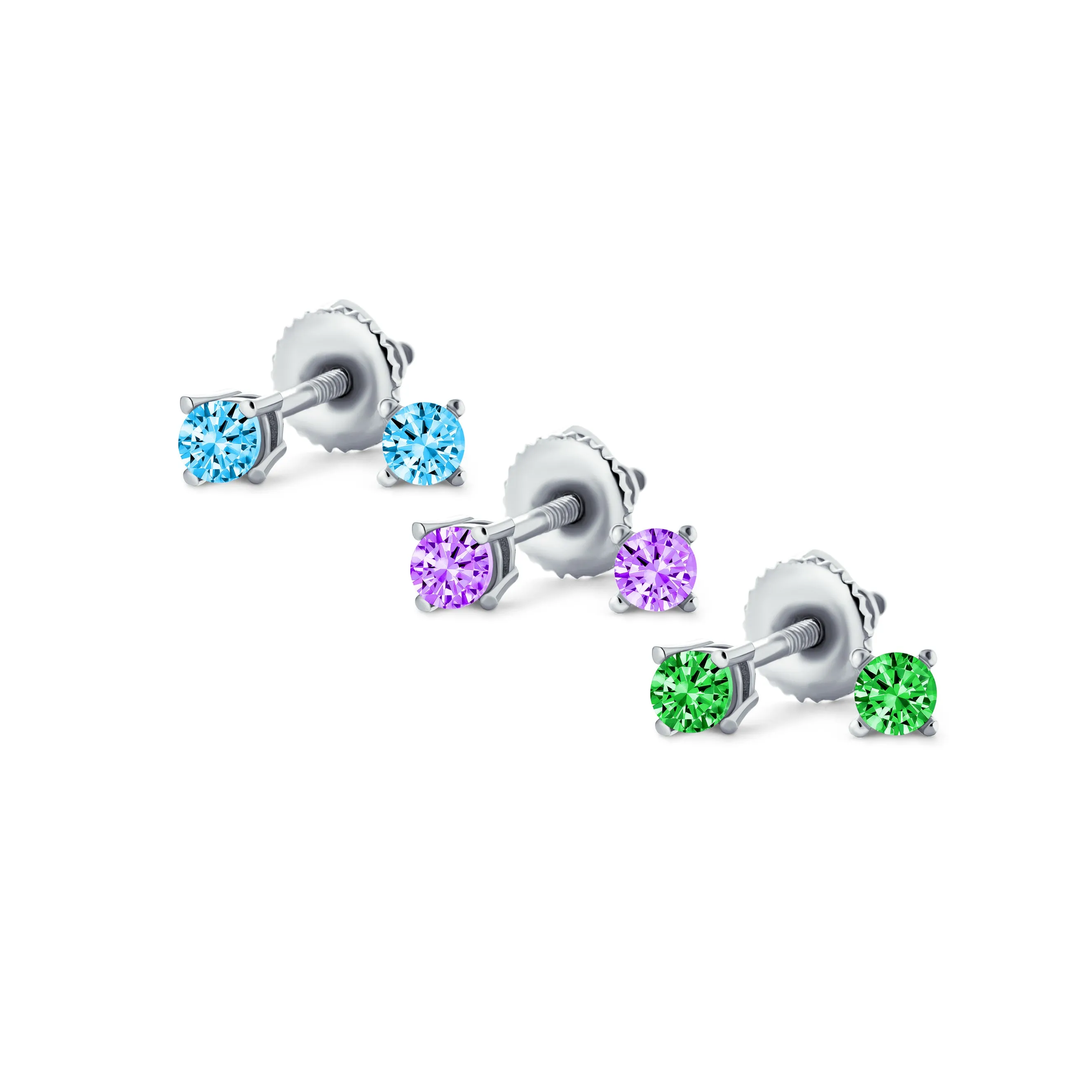 Set of 3 Tiny MultiColor CZ Stud Earrings Gold Plated Sterling Silver Screw Back