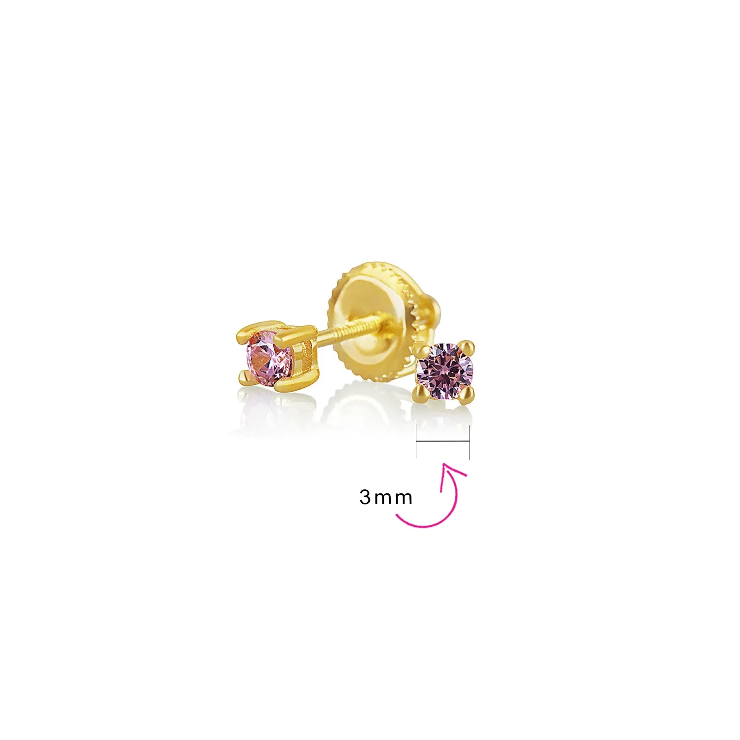 Set of 3 Tiny MultiColor CZ Stud Earrings Gold Plated Sterling Silver Screw Back