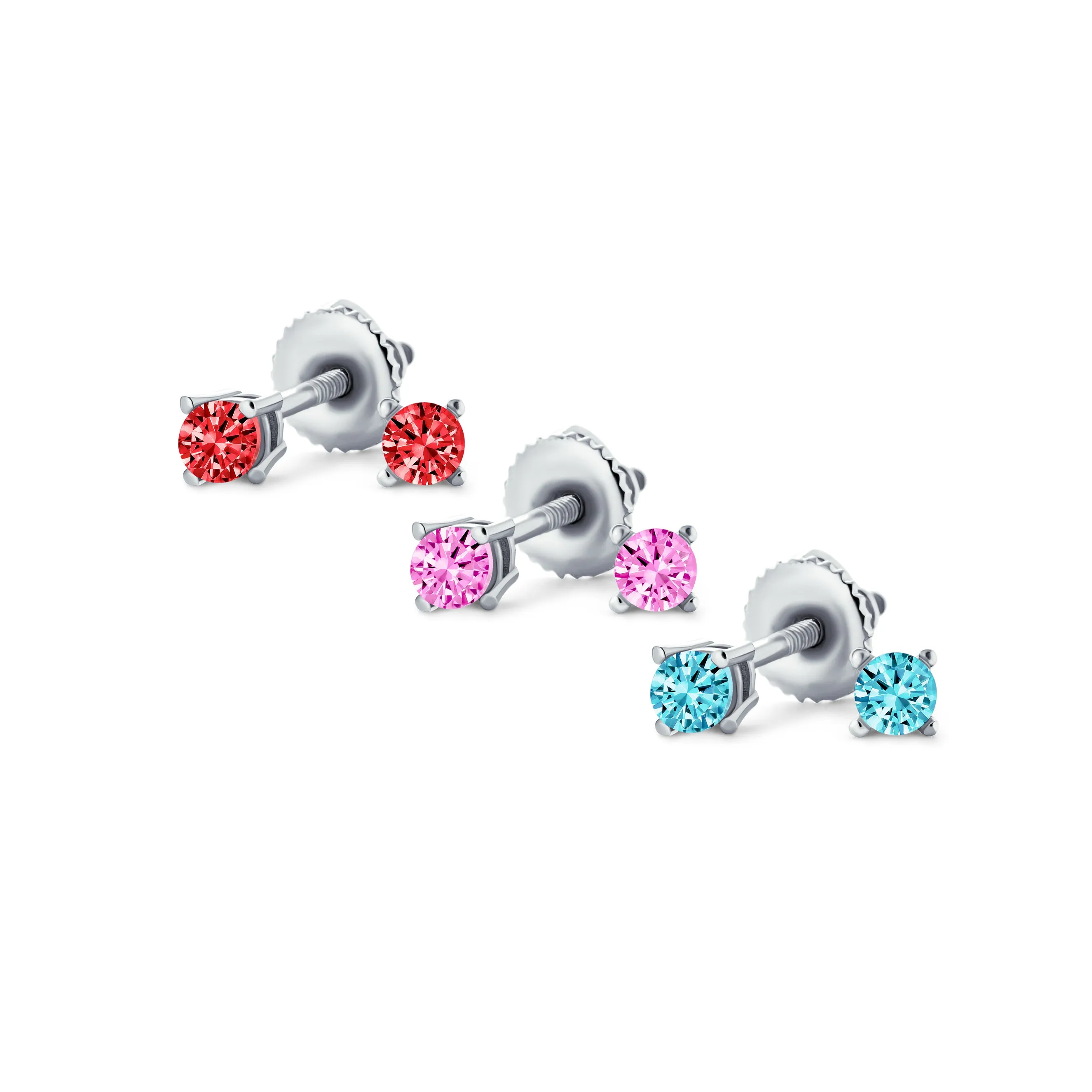 Set of 3 Tiny MultiColor CZ Stud Earrings Gold Plated Sterling Silver Screw Back
