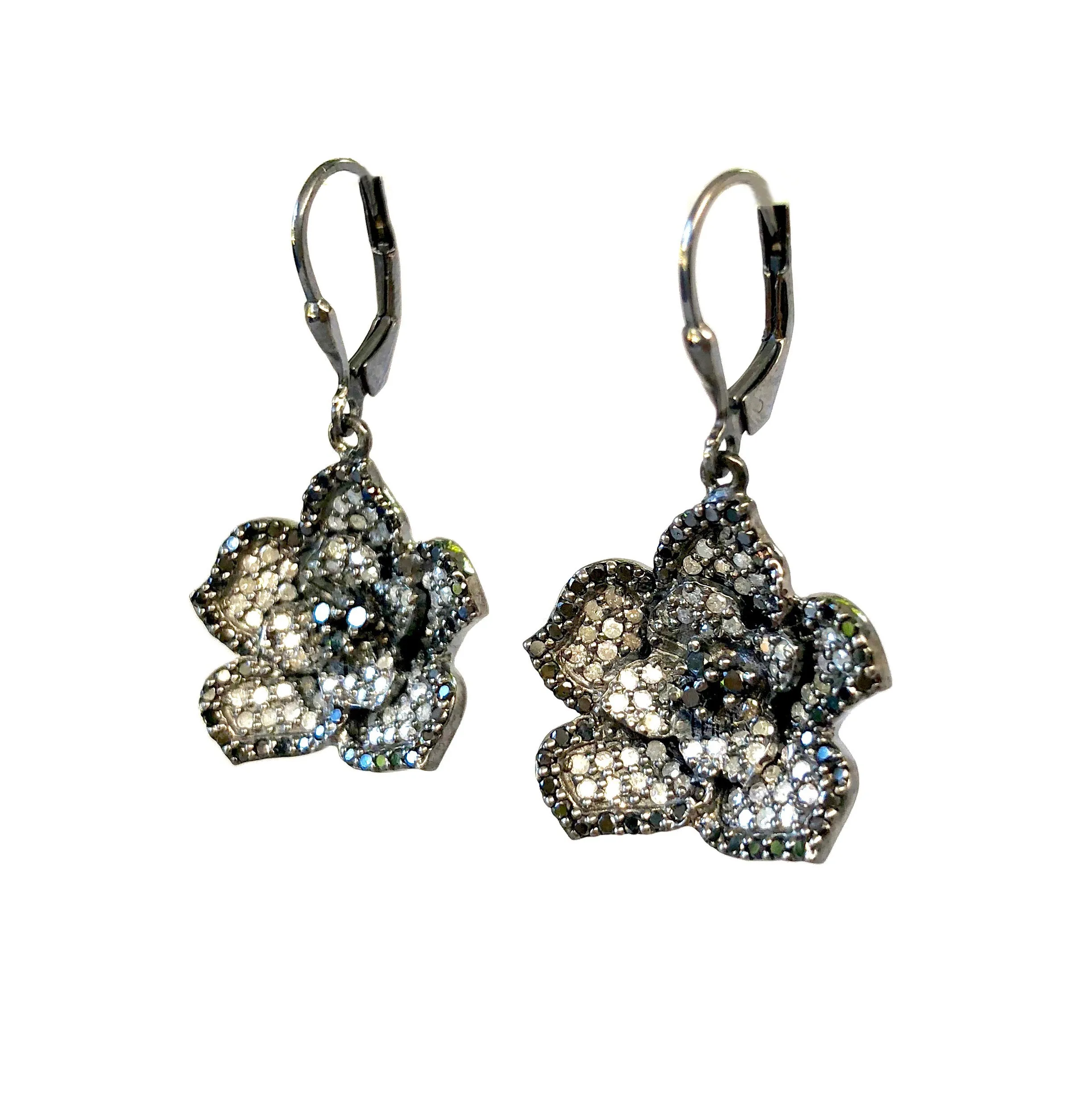 Silver & Black Diamond Flower Earrings