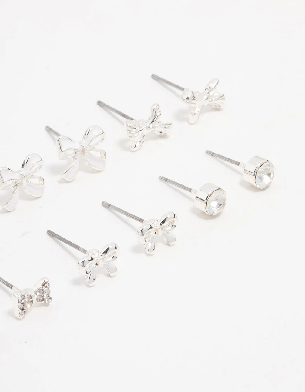 Silver Diamante & Bow Stud Earrings 8-Pack