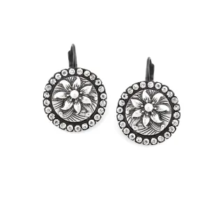 SILVER EMBOSSED FLOWER CRYSTAL  EARRINGS #275SV3101 (7B4/6D1)