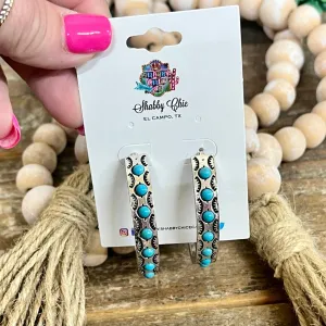 Silver Embossed Hoop Earrings with Turquoise