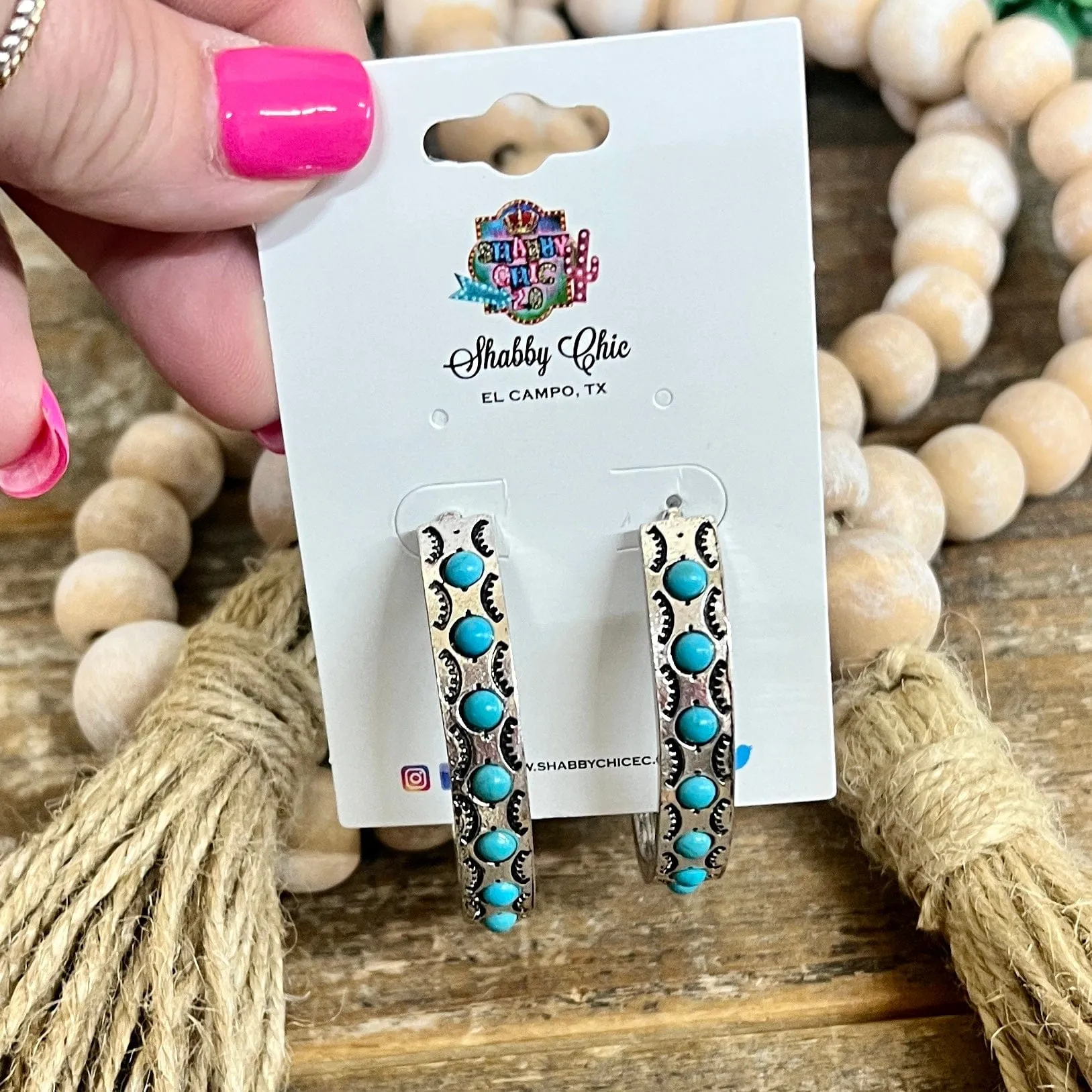 Silver Embossed Hoop Earrings with Turquoise