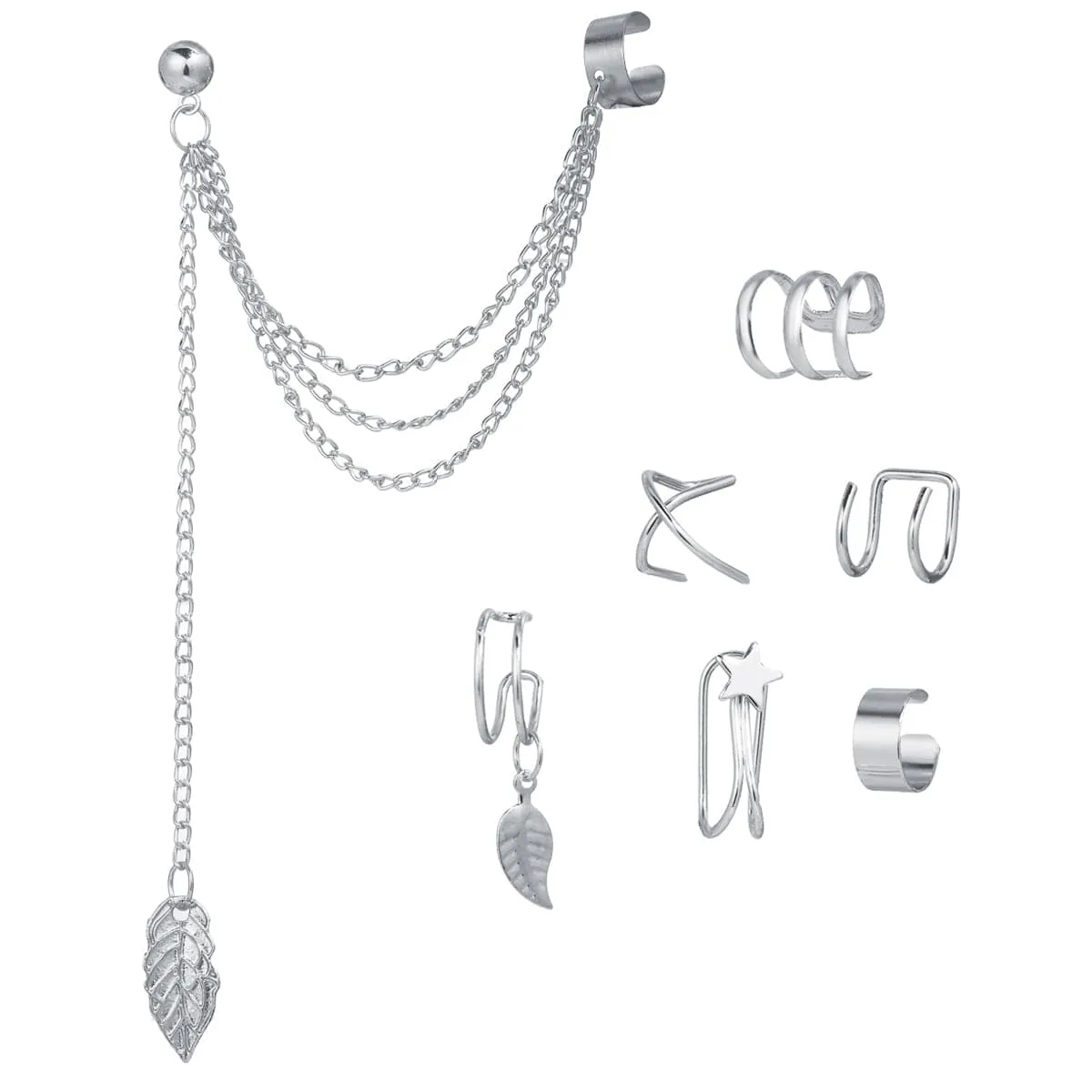 Silver-Plated Leaf & Star Clip Earrings Set