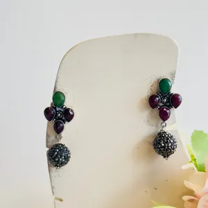 Silver Tone Ruby Green Earrings