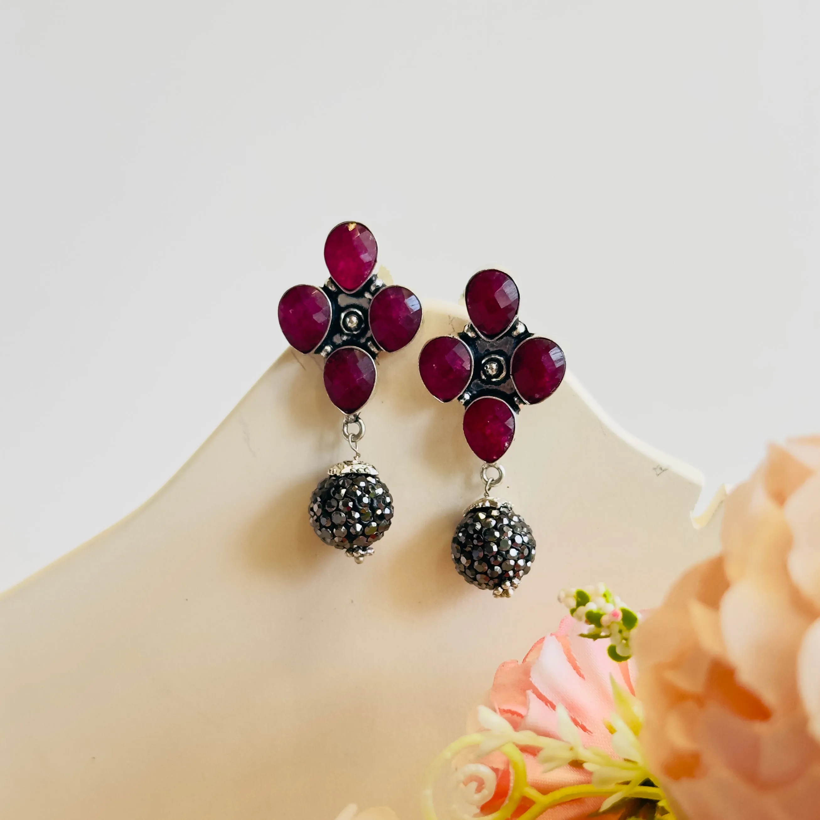 Silver Tone Ruby Green Earrings
