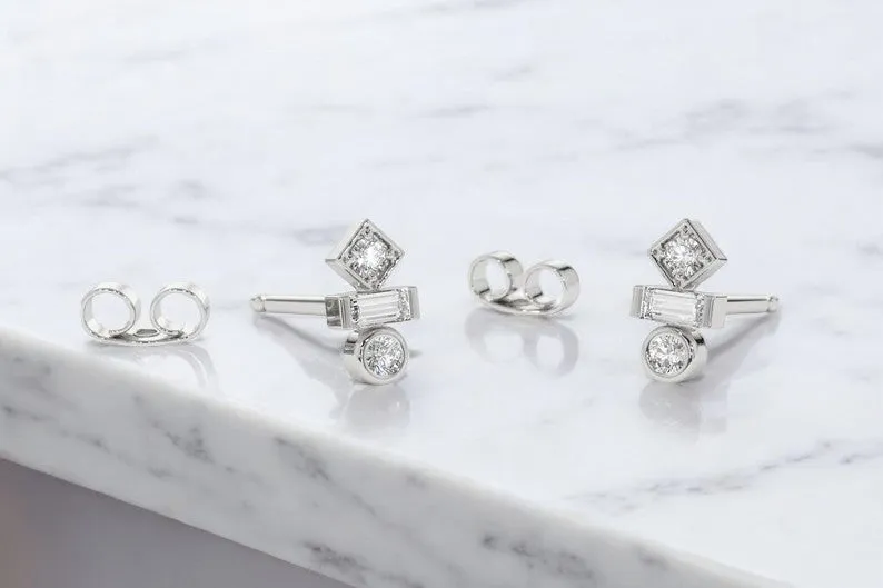 Solid 14k Yellow Gold 0.190ct Baguette Moissanite Stud Earrings