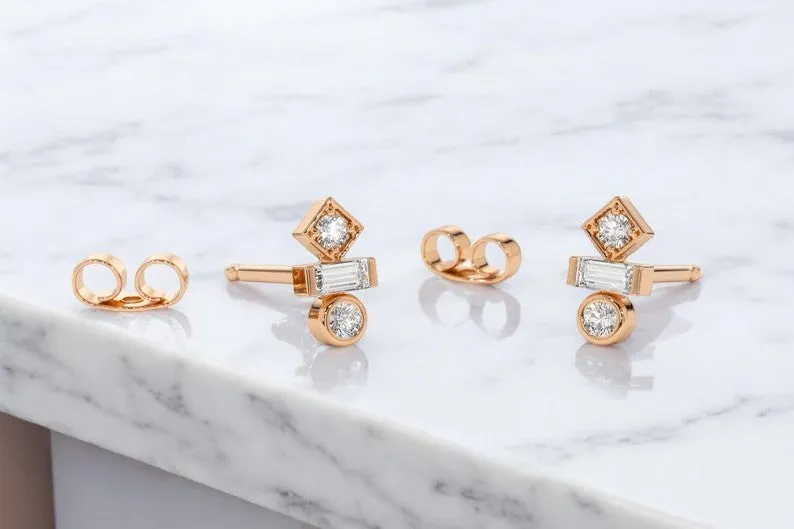 Solid 14k Yellow Gold 0.190ct Baguette Moissanite Stud Earrings