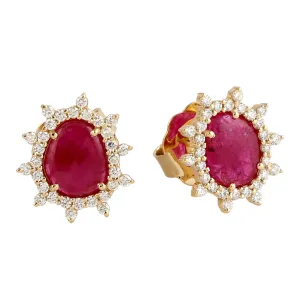Solid 18k Yellow Gold Natural Ruby Diamond Star Burst Halo Stud Earrings