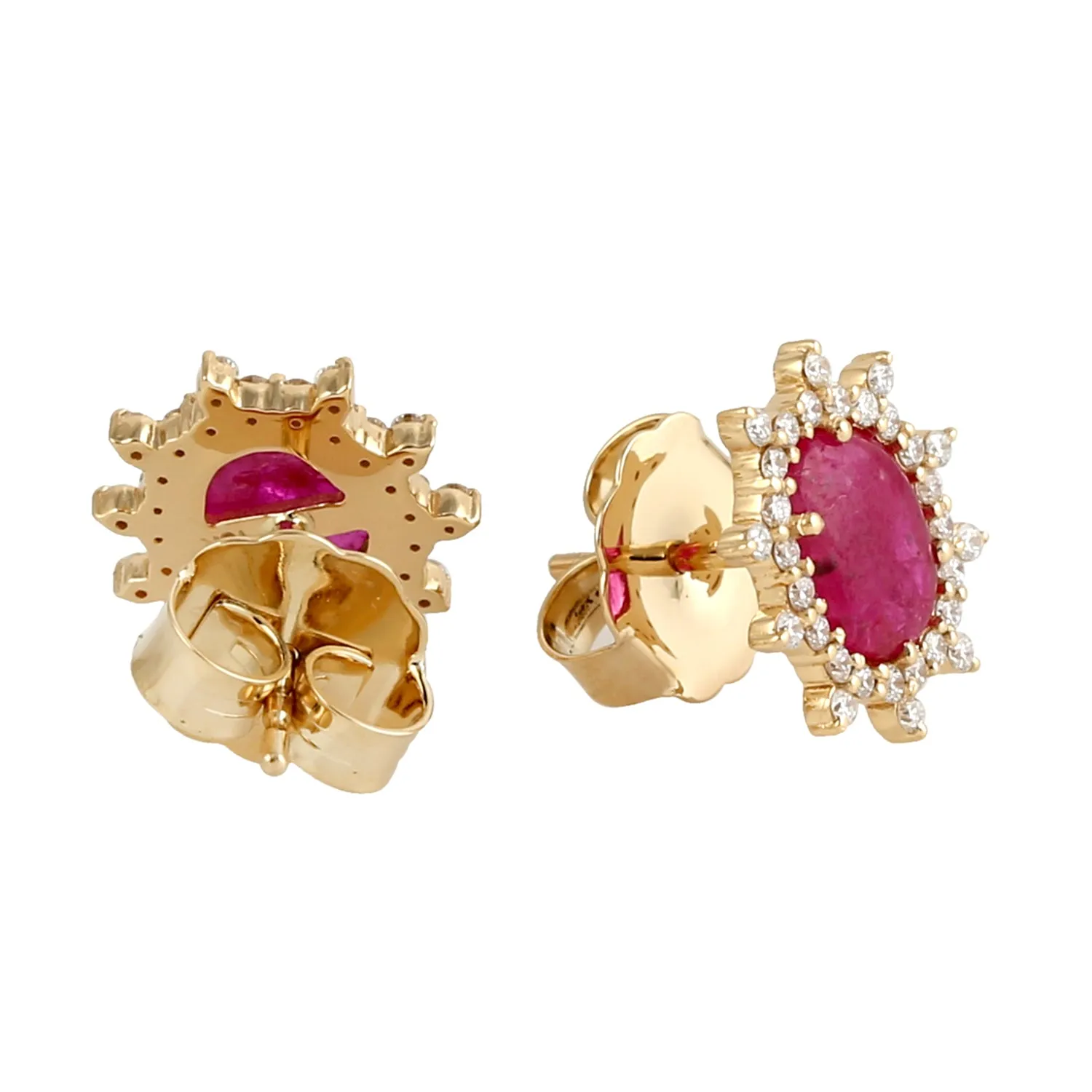 Solid 18k Yellow Gold Natural Ruby Diamond Star Burst Halo Stud Earrings