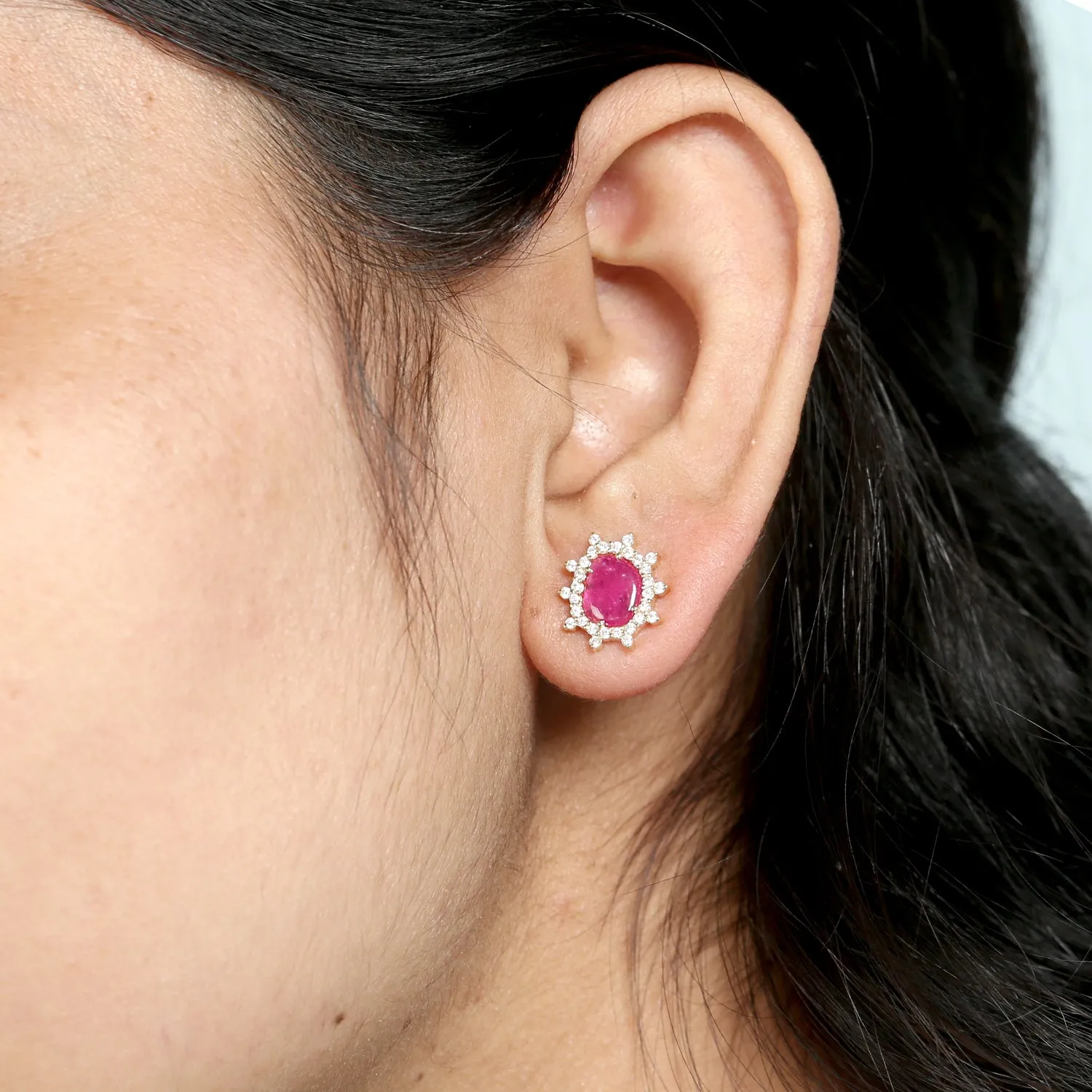 Solid 18k Yellow Gold Natural Ruby Diamond Star Burst Halo Stud Earrings