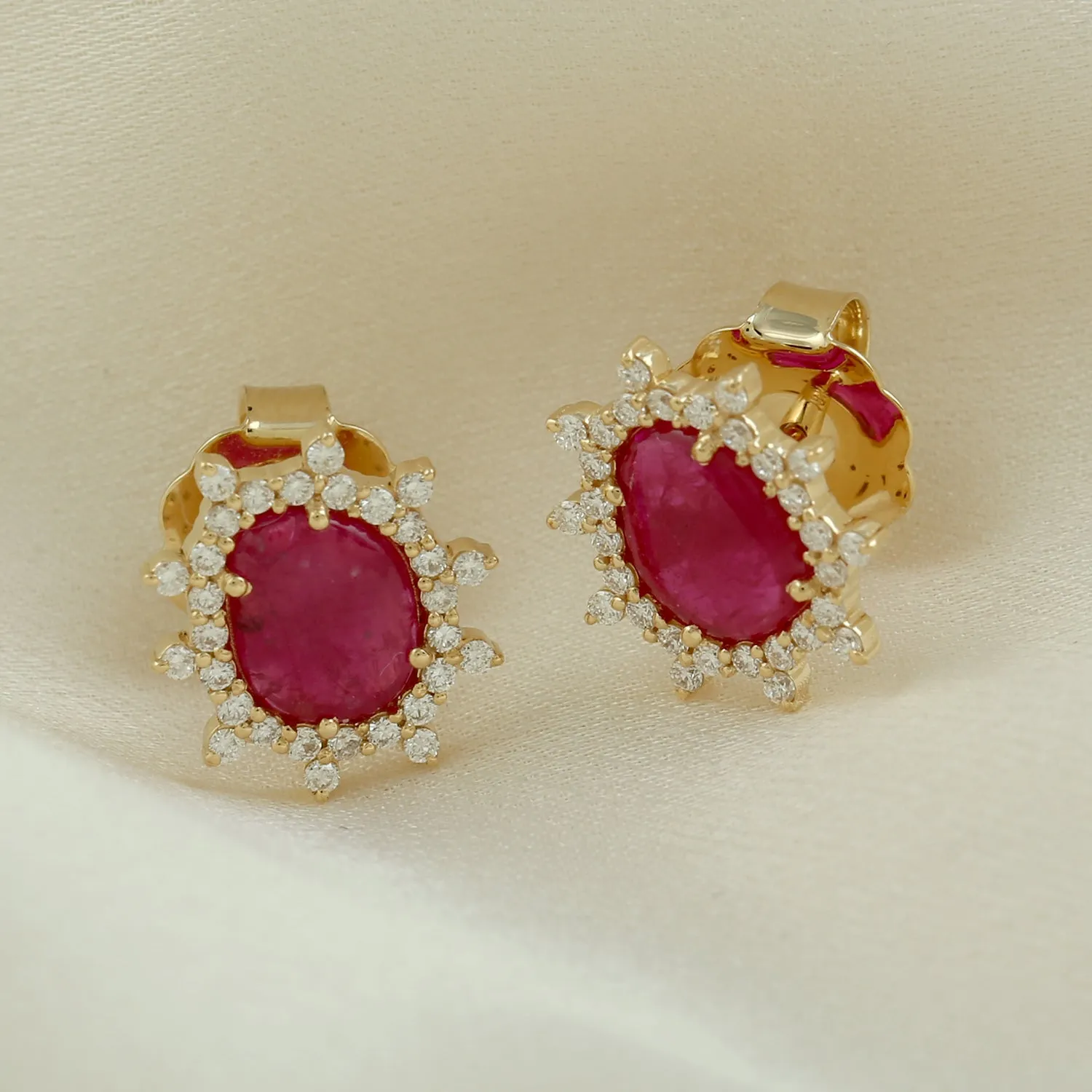 Solid 18k Yellow Gold Natural Ruby Diamond Star Burst Halo Stud Earrings