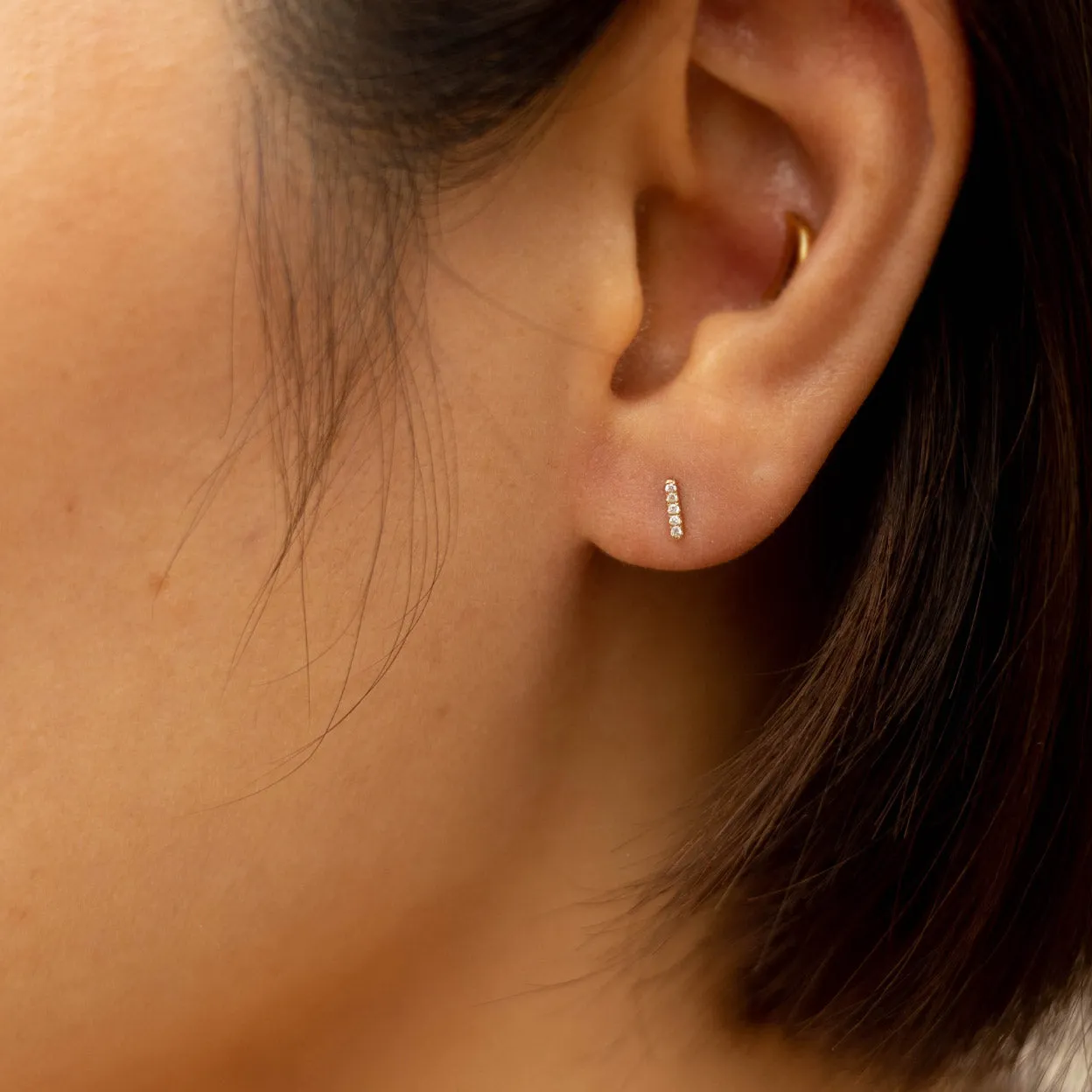 Solid Gold Diamond Bar Stud Earring