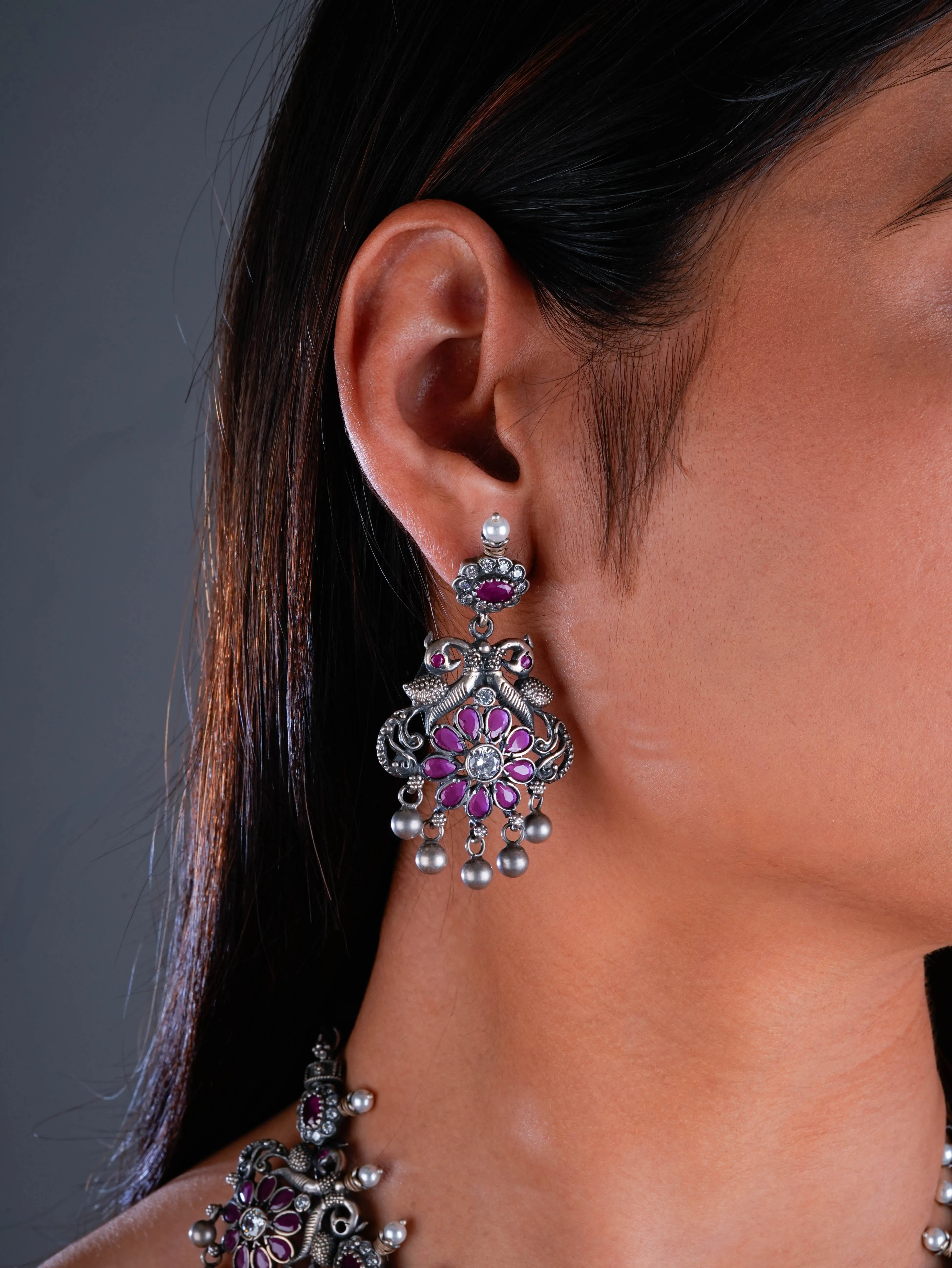South Indian Peacock Silver Temple Necklace Set
