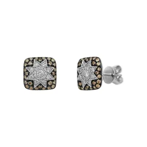 Square Stud Star Earrings Champagne Diamonds in White Gold