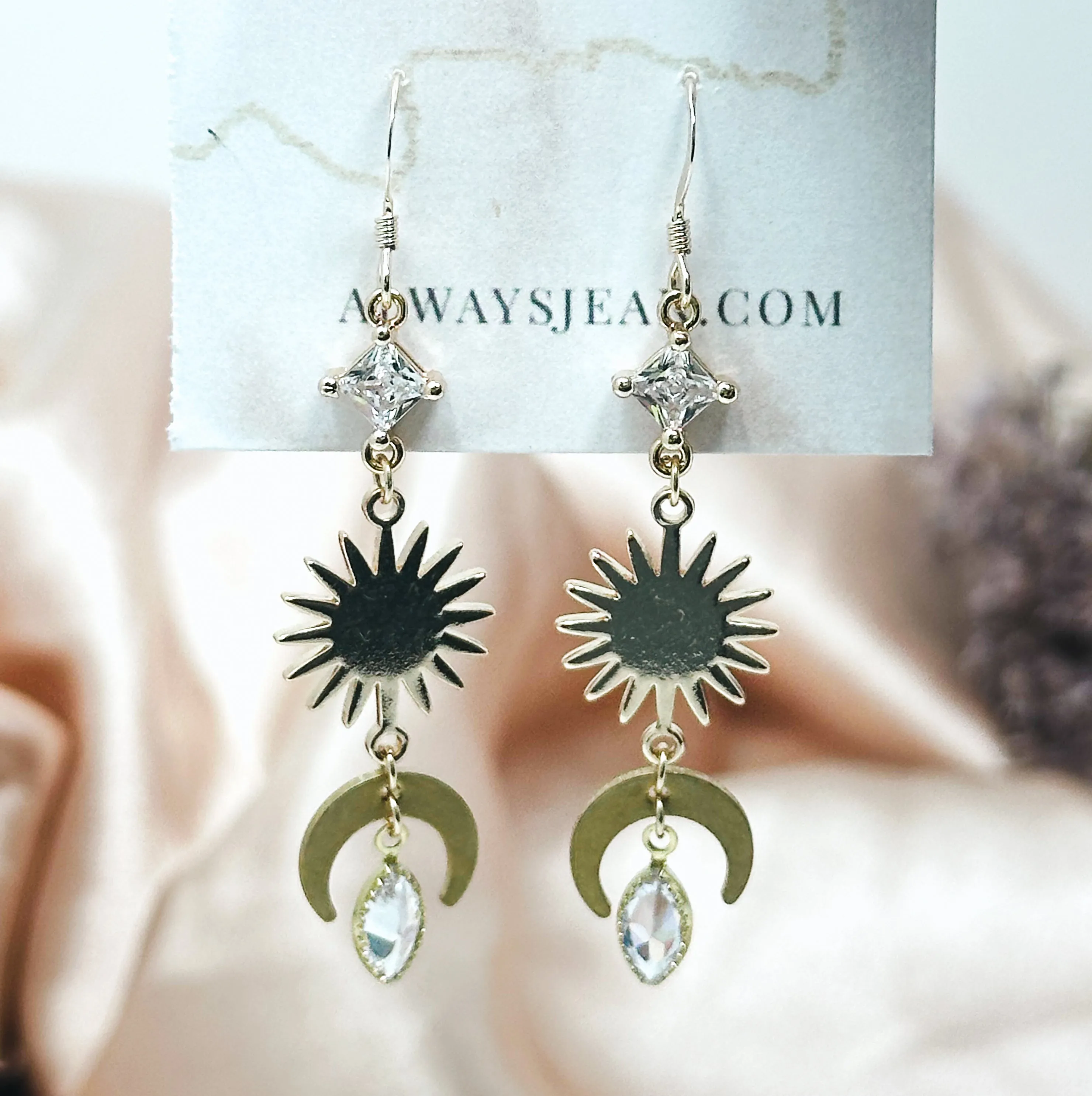 Starburst Faux Crystal Earring Dangles-Gold, Gold Filled Hooks.