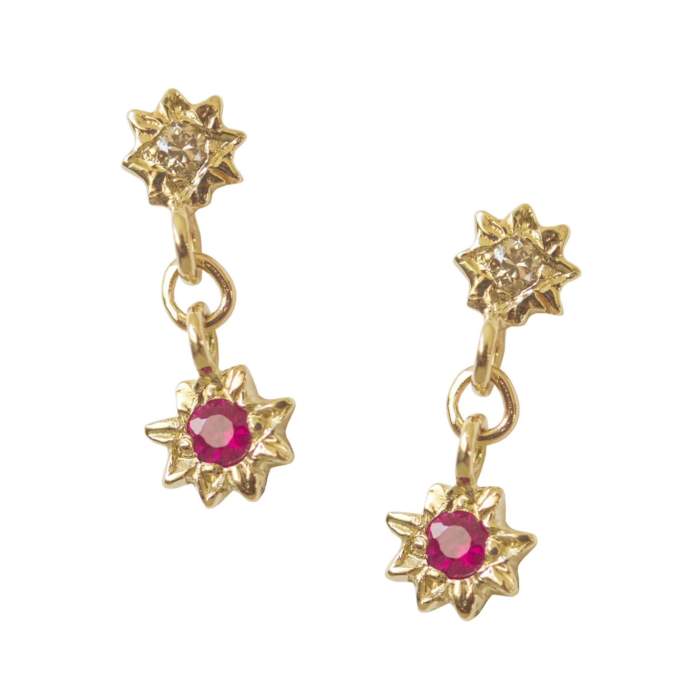 Starry Swing Ruby   Champagne Diamond Earrings