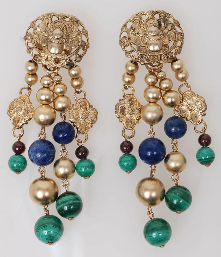 Stephen Dweck Dangle Earrings Sterling Malachite Lapis & Amethyst