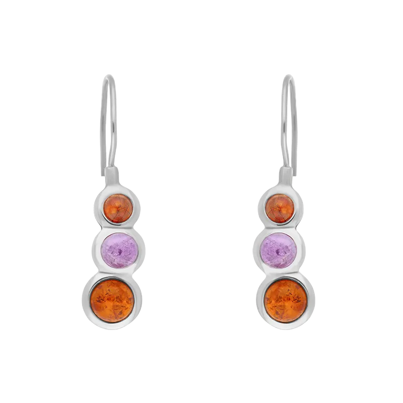 Sterling Silver Amber Amethyst Tapered Round Drop Earrings