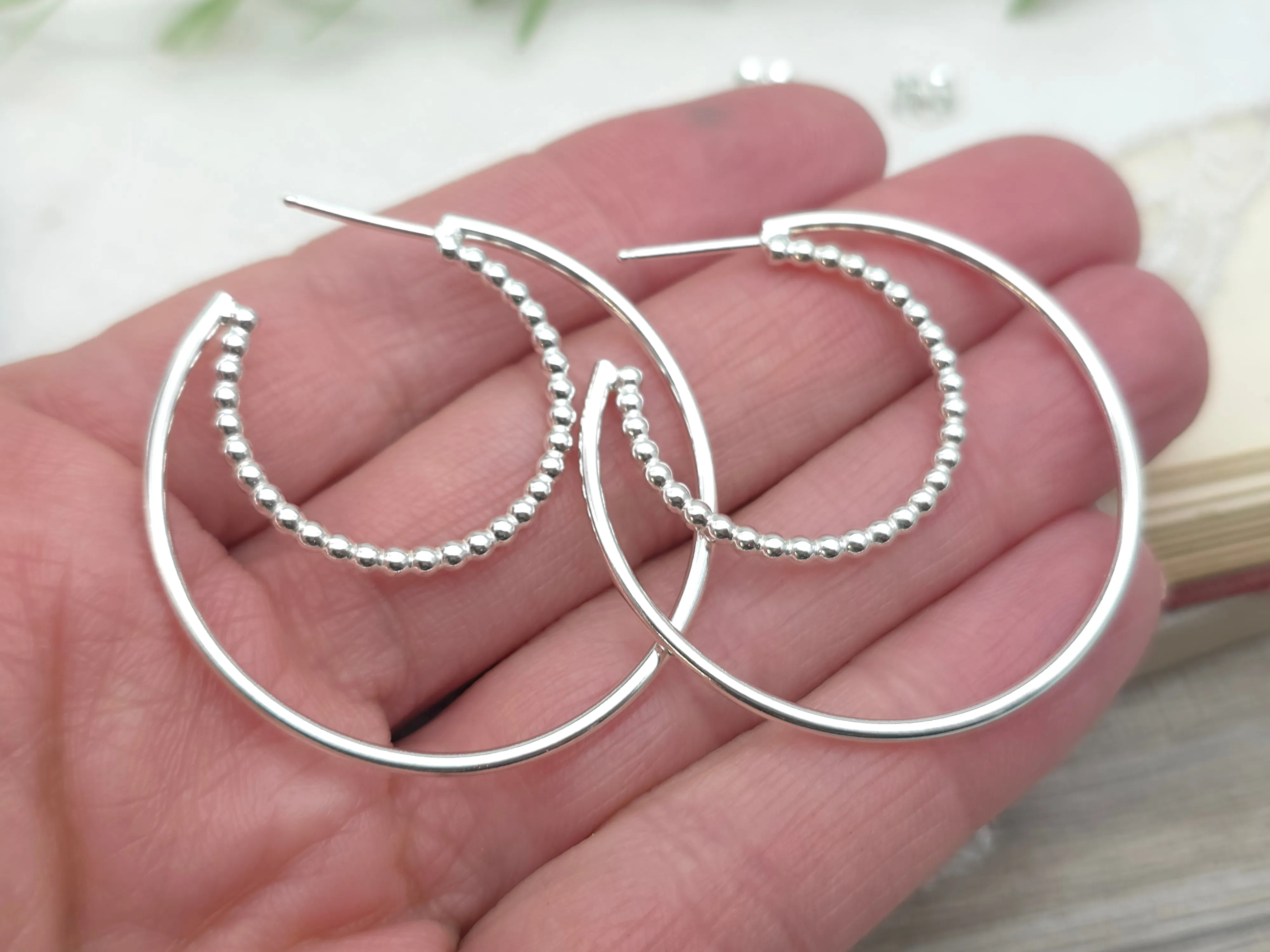 Sterling Silver Beaded Crescent Double Hoop
