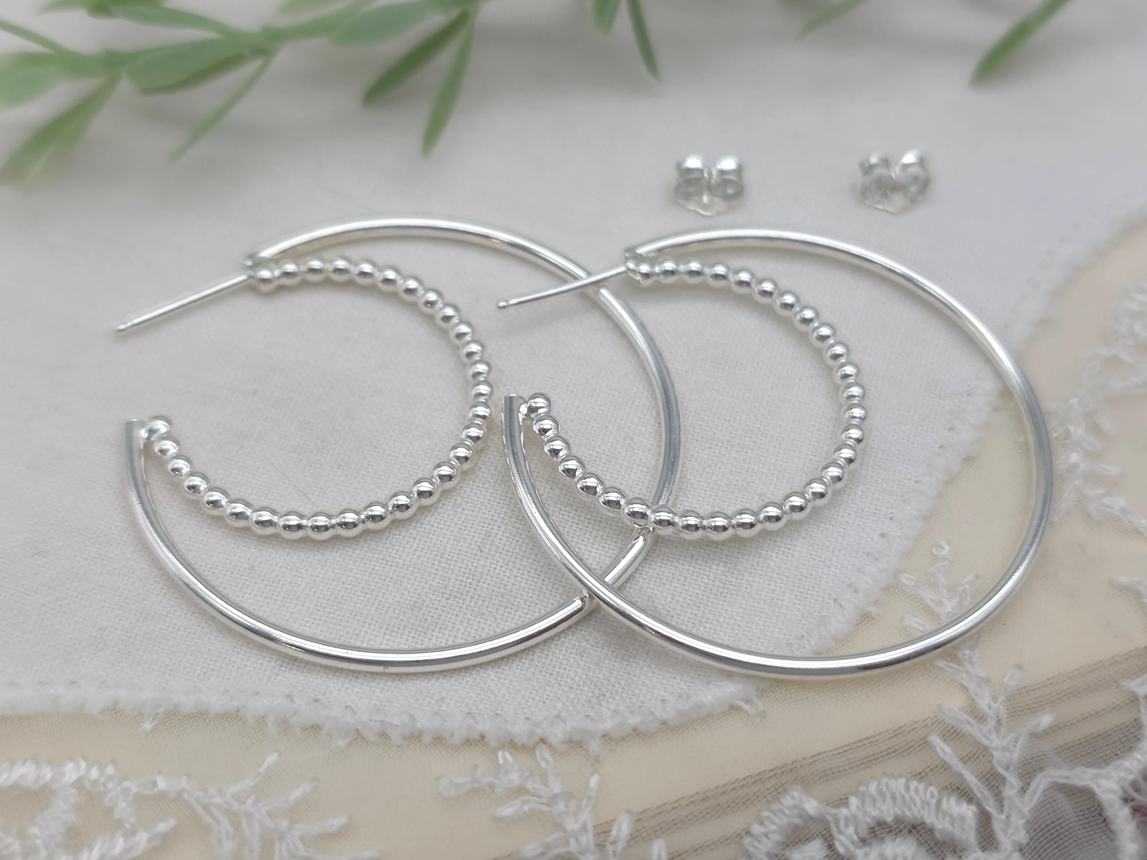 Sterling Silver Beaded Crescent Double Hoop