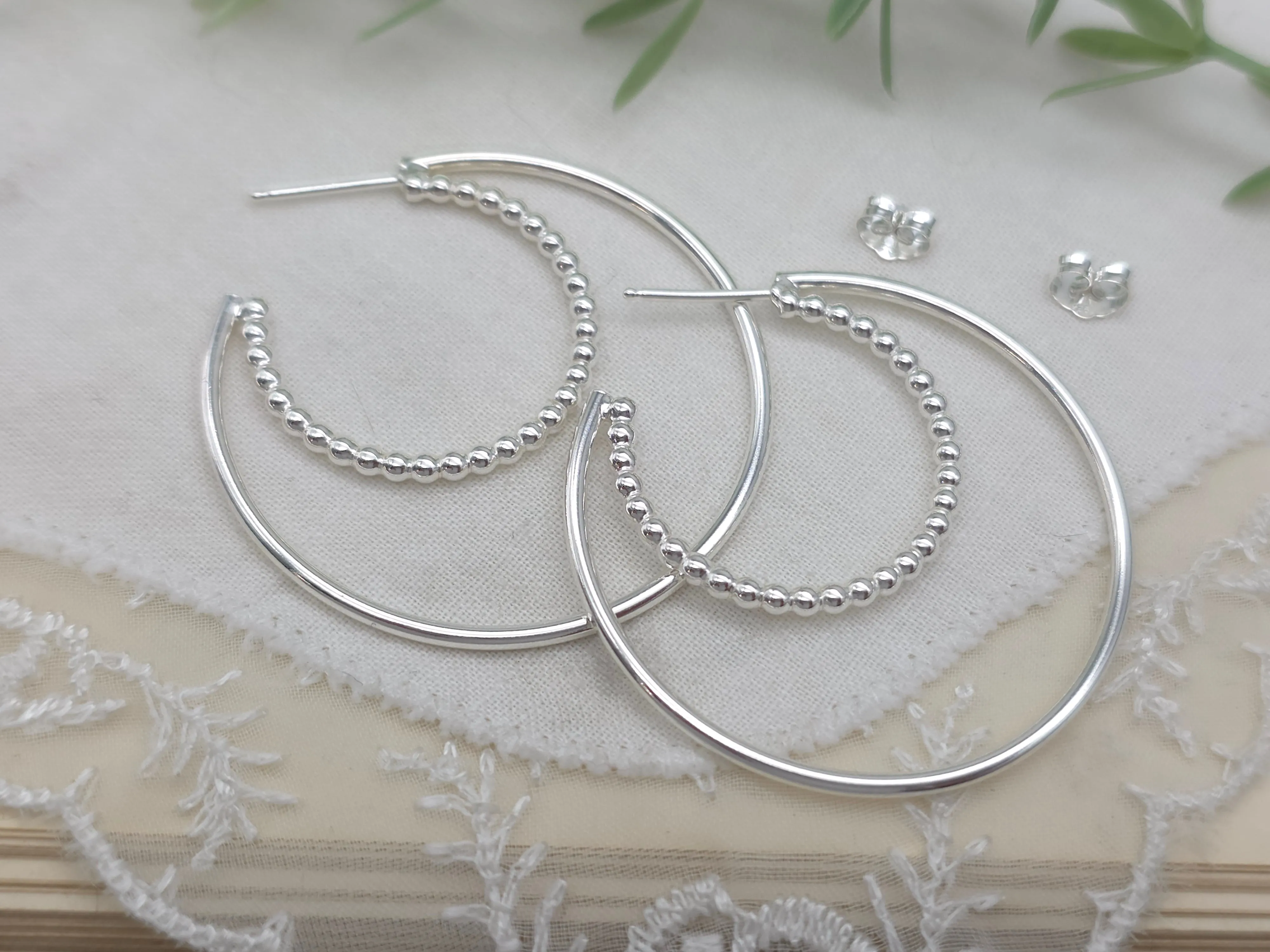 Sterling Silver Beaded Crescent Double Hoop