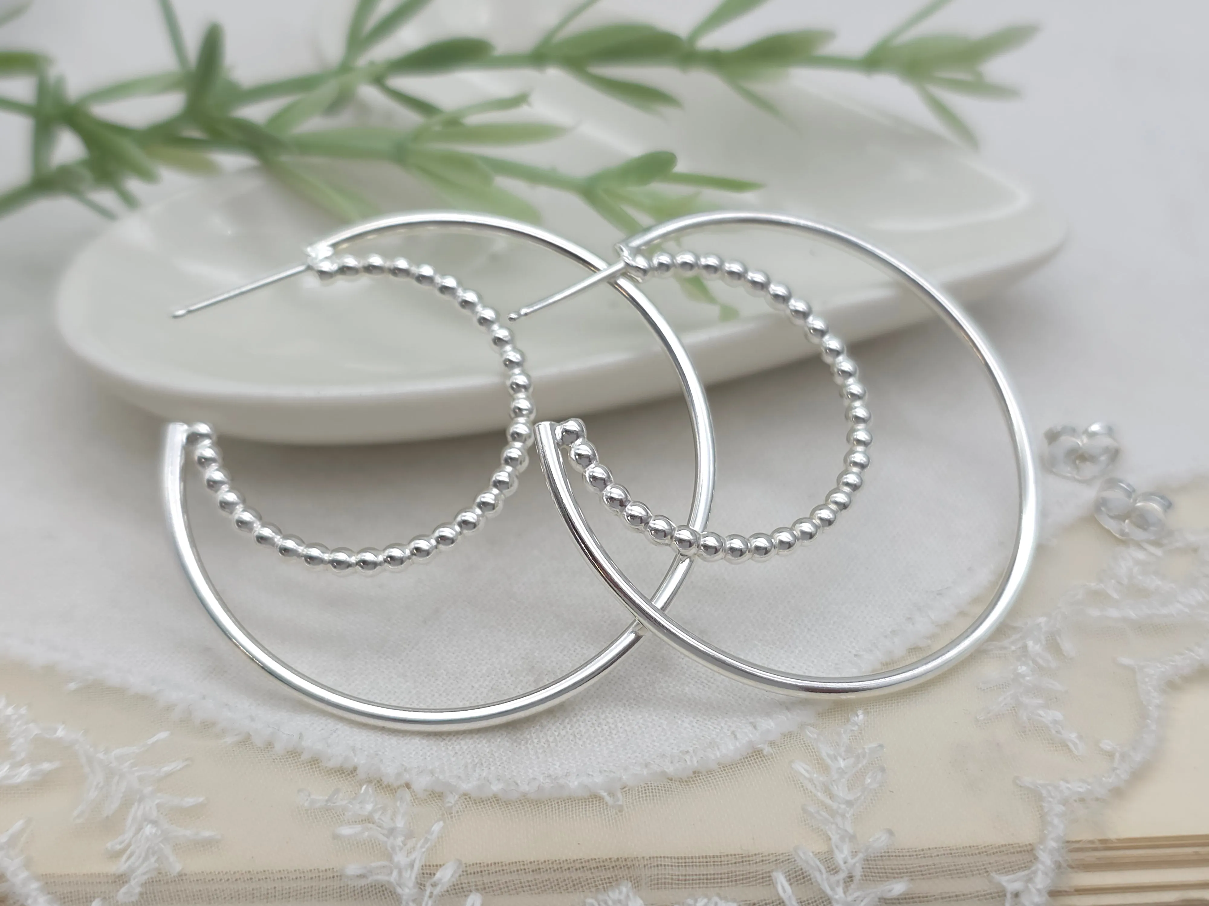 Sterling Silver Beaded Crescent Double Hoop