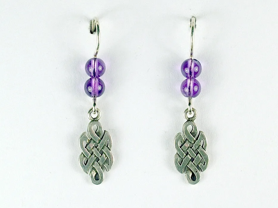 Sterling Silver Celtic Knot dangle Earrings- amethyst beads, Knots, 1 3/8" long